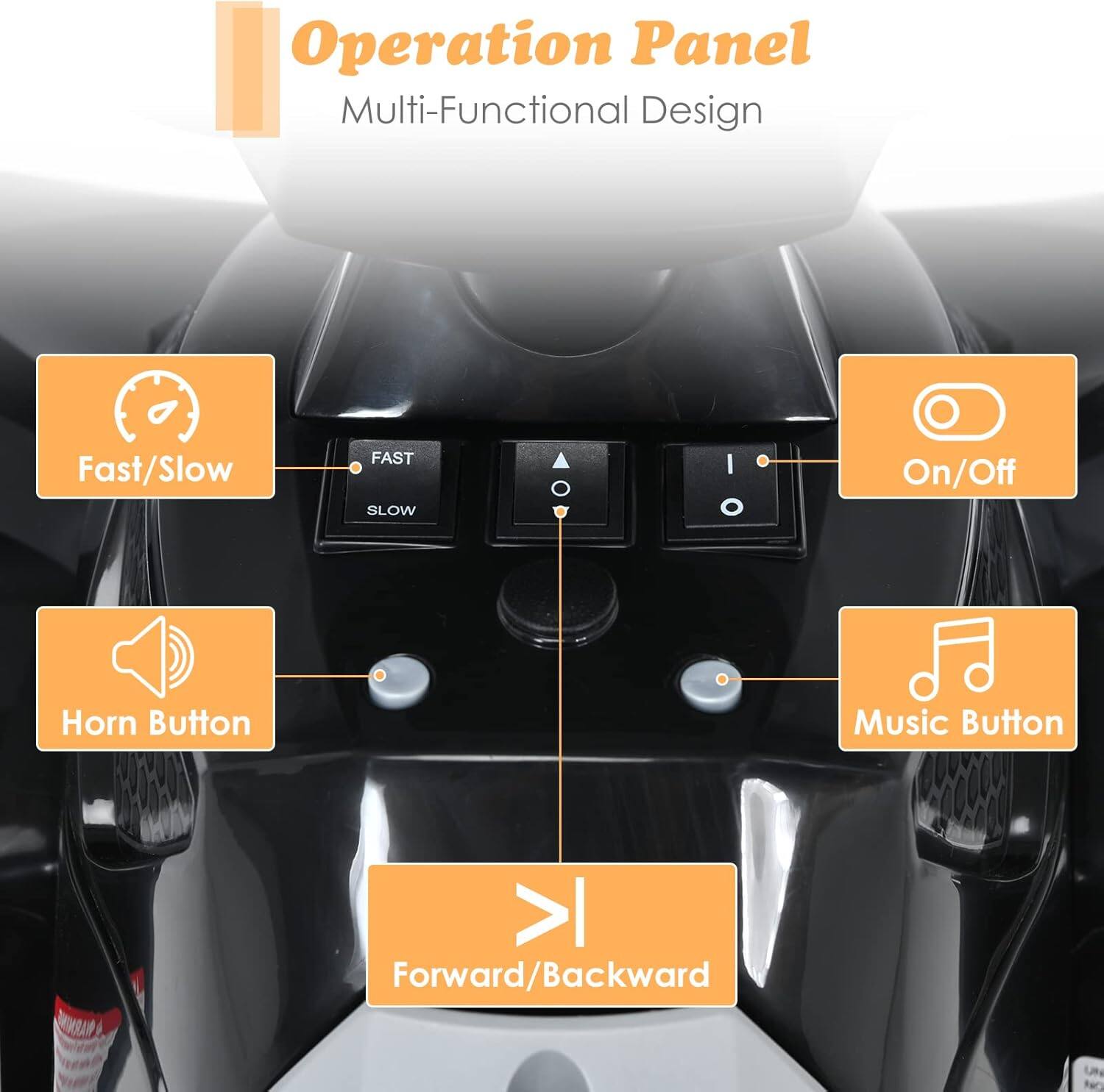 Operation Panel  
Multi-Functional Design  

- Fast/Slow  
  - FAST  
  - SLOW  

- On/Off  

- Horn Button  

- Music Button  

- Forward/Backward
