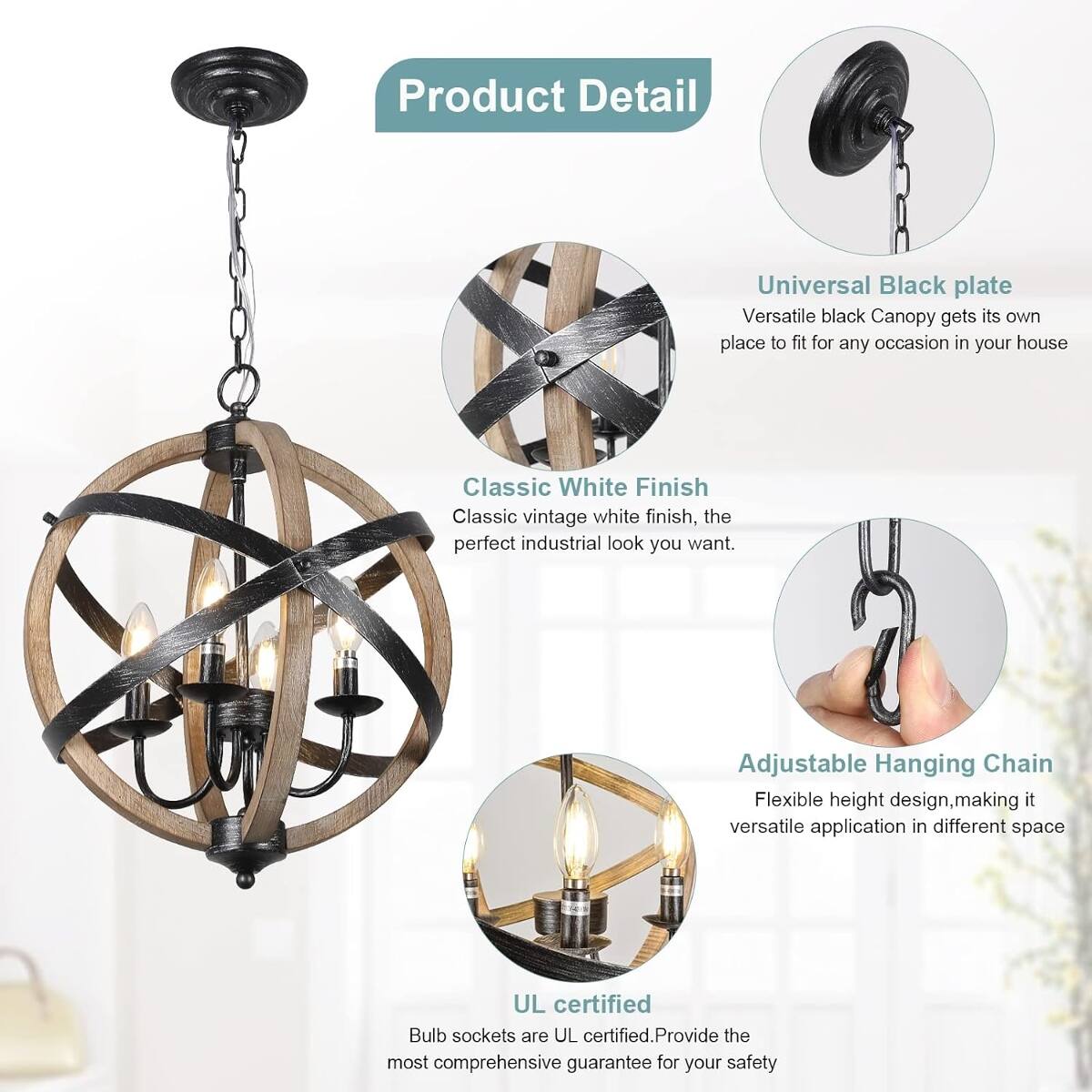 Product Detail

- Universal Black Plate
  - Versatile black Canopy gets its own place to fit for any occasion in your house

- Classic White Finish
  - Classic vintage white finish, the perfect industrial look you want

- Adjustable Hanging Chain
  - Flexible height design, making it versatile application in different space

- UL certified
  - Bulb sockets are UL certified. Provide the most comprehensive guarantee for your safety