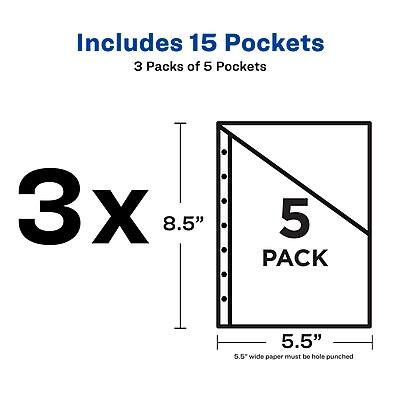 Includes 15 Pockets  
3 Packs of 5 Pockets  

3x 8.5"  
5 PACK 5.5"  

5.5" wide paper must be hole punched
