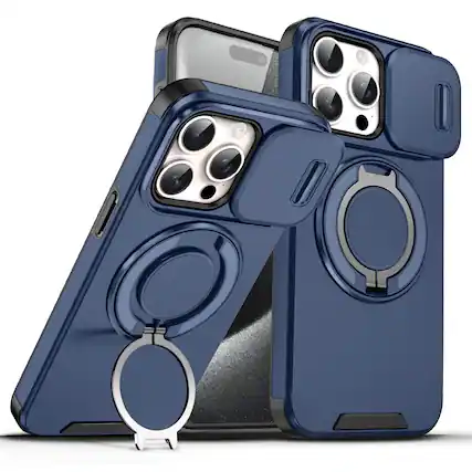 Front. UUCOVER - For Apple iPhone 15 Pro Max Magnetic Case with Slide Camera Lens Cover & 360° Ring Stand - Drop Protection Phone Shell - Blue.