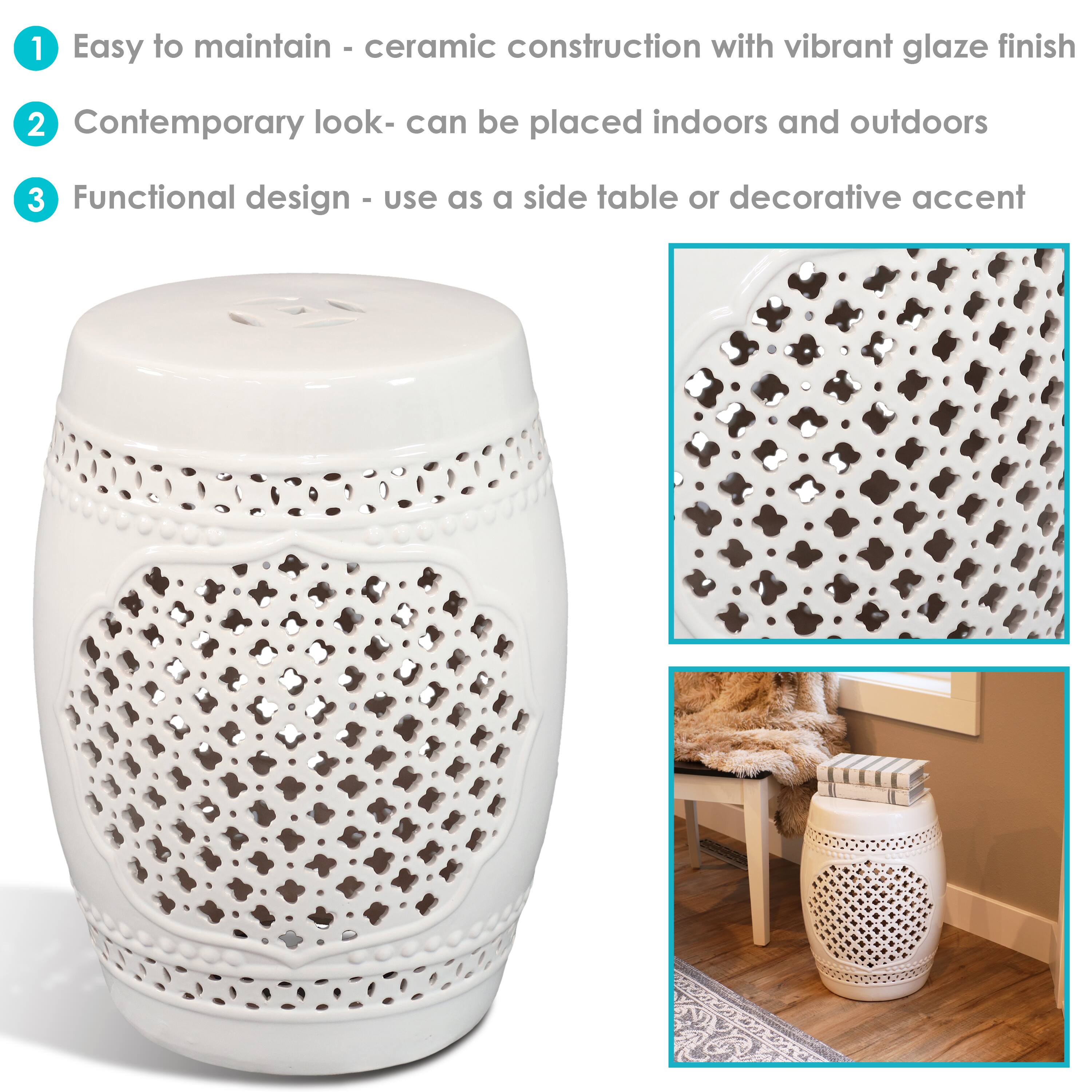 1. Easy to maintain - ceramic construction with vibrant glaze finish  
2. Contemporary look - can be placed indoors and outdoors  
3. Functional design - use as a side table or decorative accent