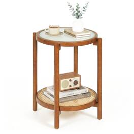 Gymax - 2-Tier Round Side Table w/Tempered Glass Top Storage Shelf Acacia Wood Legs Walnut - Brown