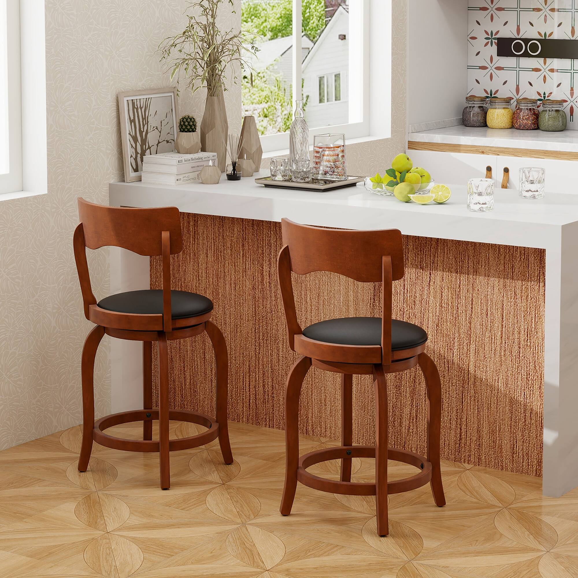 Alt View 3. Gymax - Gymax 24'' Swivel Bar Stools Set of 4 w/ Rubber Wood Frame Upholstered Seat Footrest - Brown, Black.