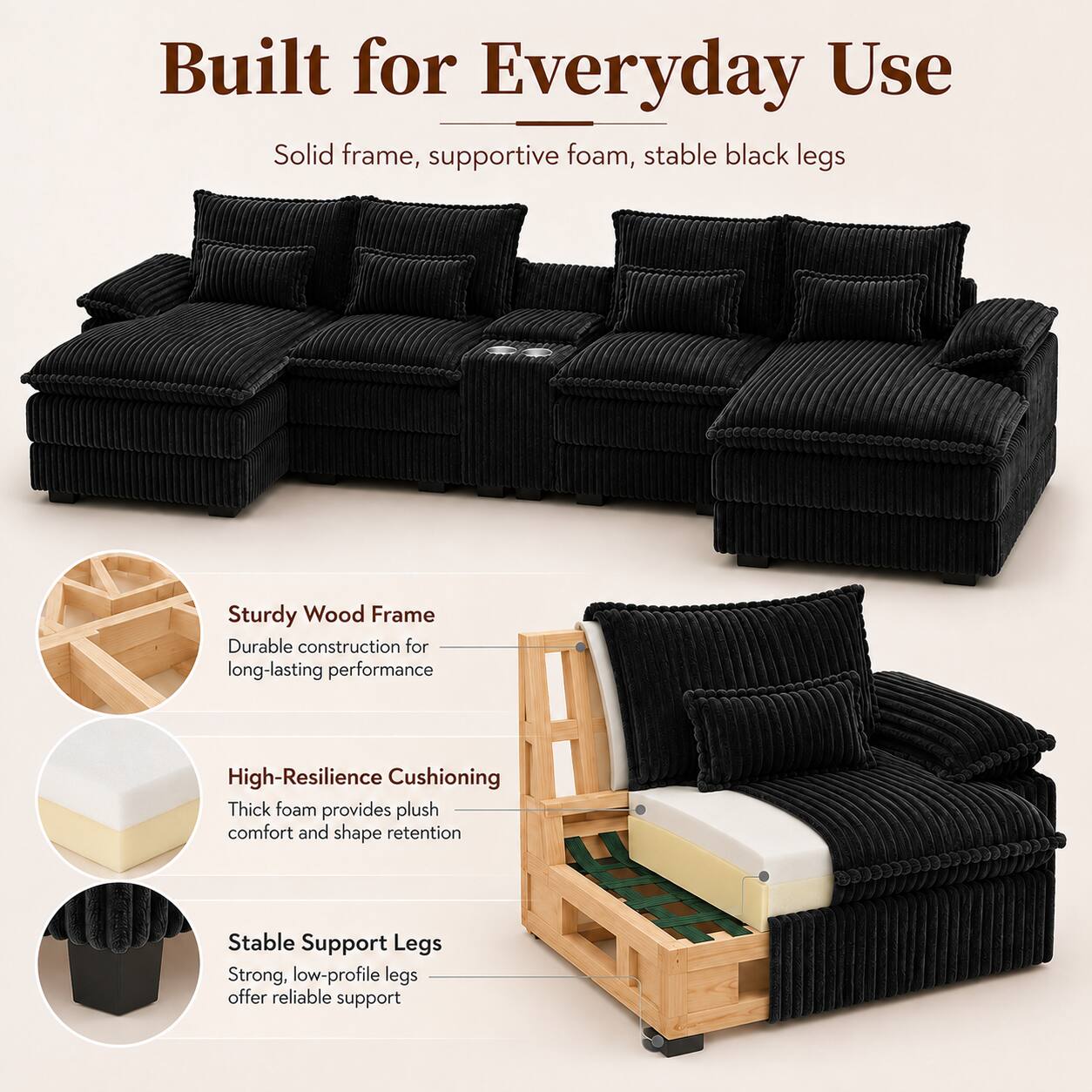 Built for Everyday Use

Solid frame, supportive foam, stable black legs

Sturdy Wood Frame
Durable construction for long-lasting performance

High-Resilience Cushioning
Thick foam provides plush comfort and shape retention

Stable Support Legs
Strong, low-profile legs offer reliable support