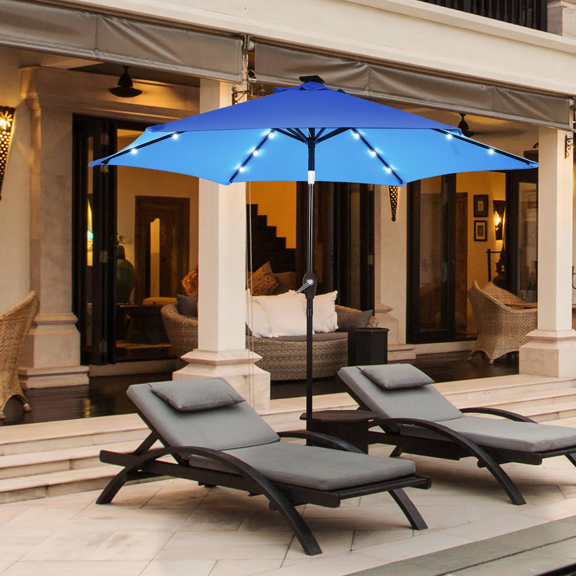 Alt View 8. Costway - 9' Solar LED Lighted Patio Market Umbrella Tilt Adjustment Crank Lift - Blue.