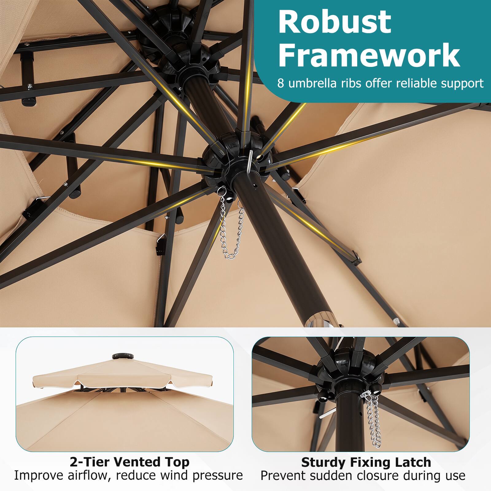 Robust Framework  
8 umbrella ribs offer reliable support  

2-Tier Vented Top  
Improve airflow, reduce wind pressure  

Sturdy Fixing Latch  
Prevent sudden closure during use