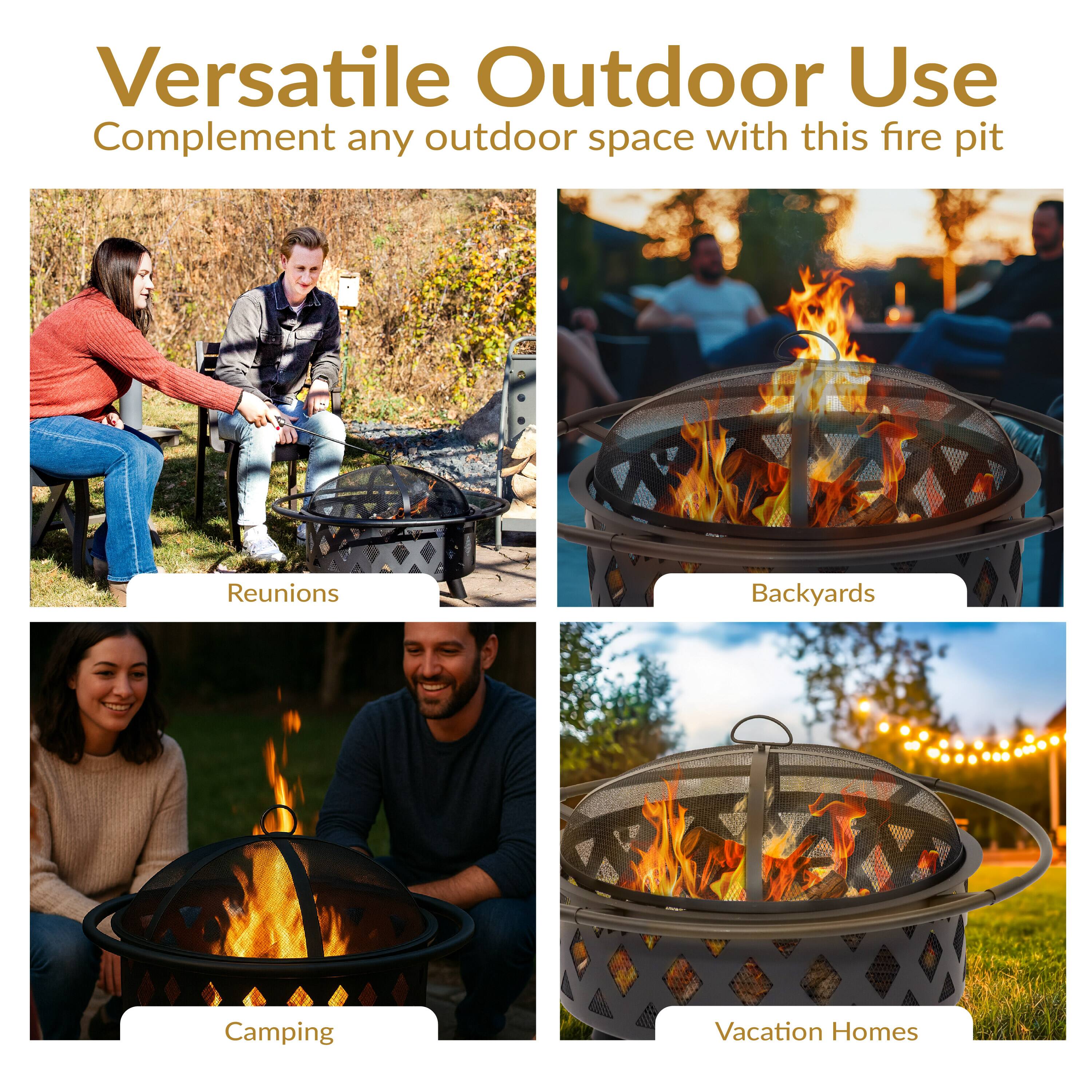 Versatile Outdoor Use  
Complement any outdoor space with this fire pit  

Reunions  
Backyards  
Camping  
Vacation Homes