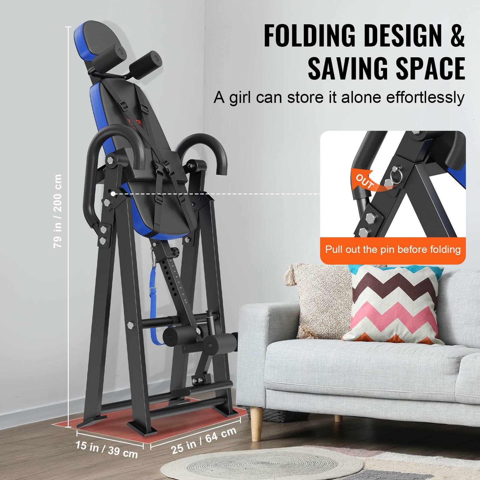FOLDING DESIGN & SAVING SPACE  
A girl can store it alone effortlessly  

79 in / 200 cm  
15 in / 39 cm  
25 in / 64 cm  

Pull out the pin before folding