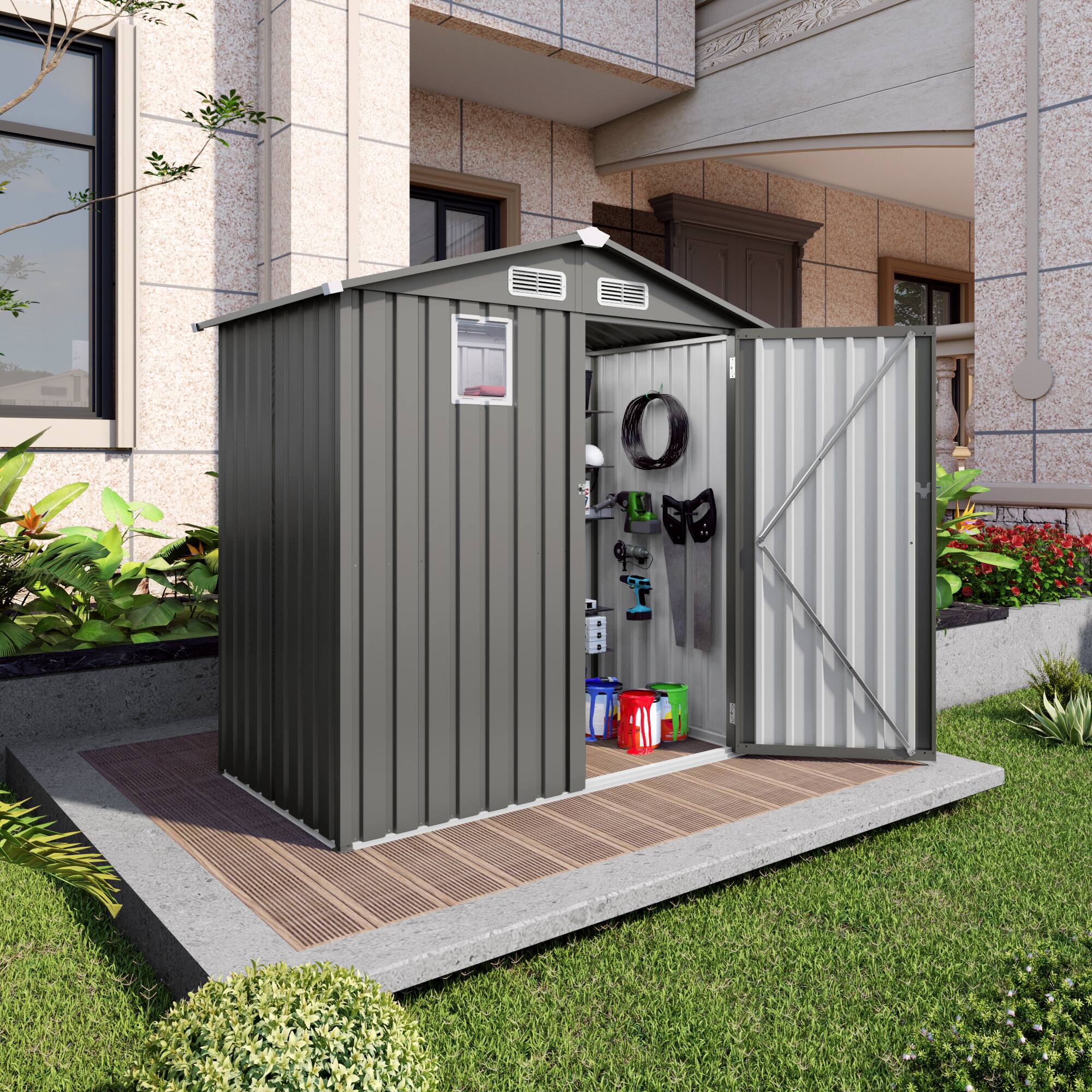 Back. Mondawe - 6X4 FT Metal Outdoor Storage Shed with Peaked Roof Watertight,Clear Window and Lockable Door - Gray.