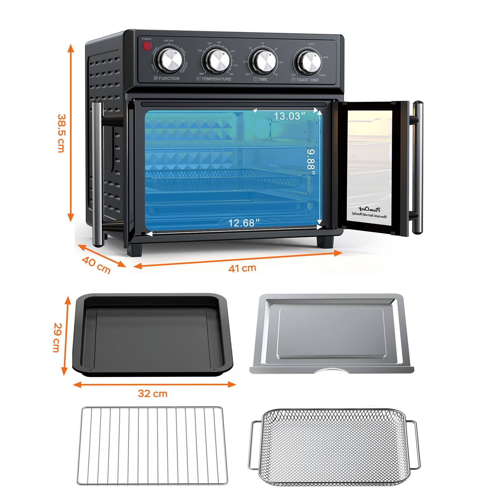 - **Dimensions:**
  - Height: 38.5 cm
  - Width: 41 cm
  - Depth: 40 cm
  - Interior Height: 13.03" (33.08 cm)
  - Interior Width: 12.68" (32.2 cm)
  - Interior Depth: 9.88" (25.1 cm)

- **Tray:**
  - Length: 32 cm
  - Width: 29 cm

- **Grill:**
  - Length: 32 cm
  - Width: 29 cm

- **Turntable:**
  - Diameter: 29 cm

- **Controls:**
  - Function
  - Temperature
  - Time
  - Toast Time
