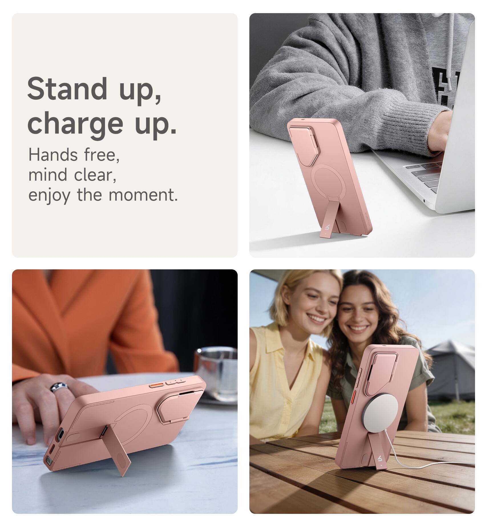 Stand up, charge up.  
Hands free, mind clear, enjoy the moment.