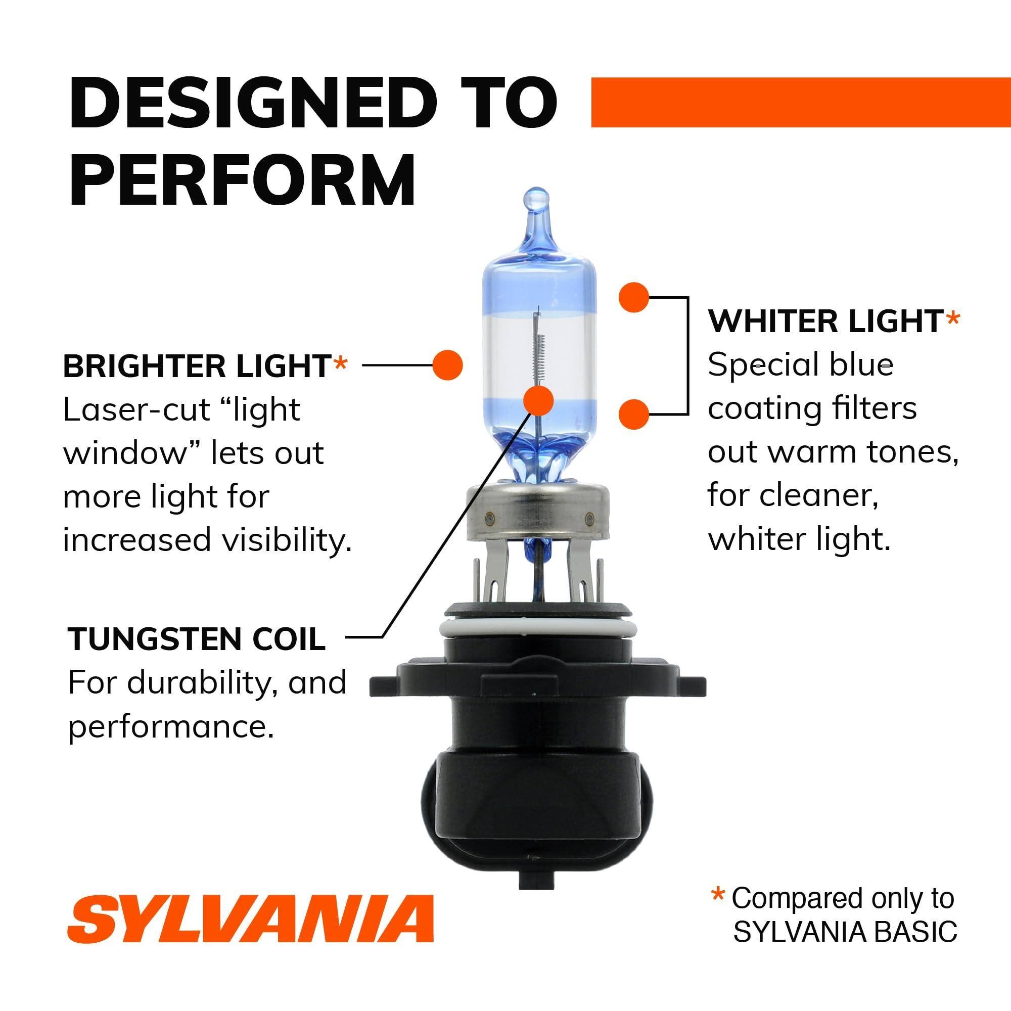 DESIGNED TO PERFORM

BRIGHTER LIGHT*  
Laser-cut "light window" lets out more light for increased visibility.

WHITER LIGHT*  
Special blue coating filters out warm tones, for cleaner, whiter light.

TUNGSTEN COIL  
For durability, and performance.

SYLVANIA  
*Compared only to SYLVANIA BASIC