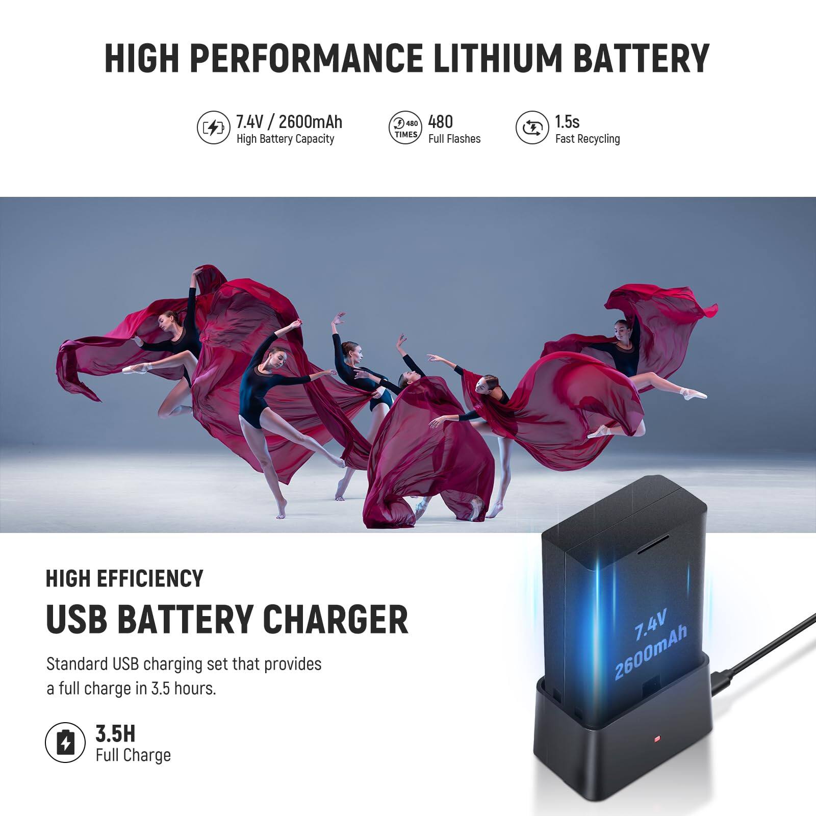 HIGH PERFORMANCE LITHIUM BATTERY  
7.4V / 2600mAh  
High Battery Capacity  
480 Full Flashes  
1.5s Fast Recycling  

HIGH EFFICIENCY USB BATTERY CHARGER  
Standard USB charging set that provides a full charge in 3.5 hours.  
3.5H Full Charge