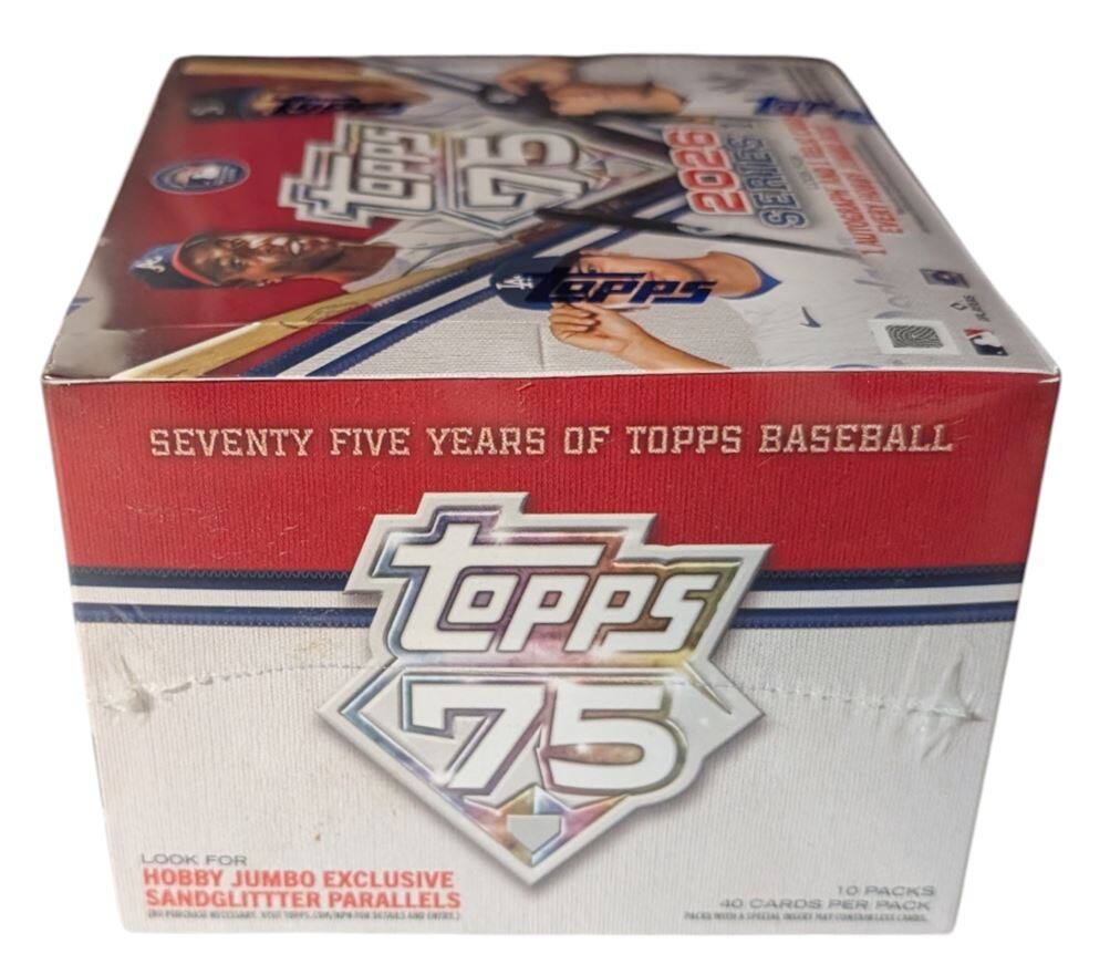 75 2026 SERVES EVERY TEAM A TOPPS BASEBALL SEVENTY FIVE YEARS OF TOPPS BASEBALL LOOK FOR HOBBY JUMBO EXCLUSIVE SANDGLITTER PARALLELS 10 PACKS 40 CARDS PER PACK