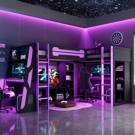 Whisen - L-Shaped Twin Size Gaming Loft Bed with RGB Lights,USB Ports,TV Stand and Storage Shelves - Purple