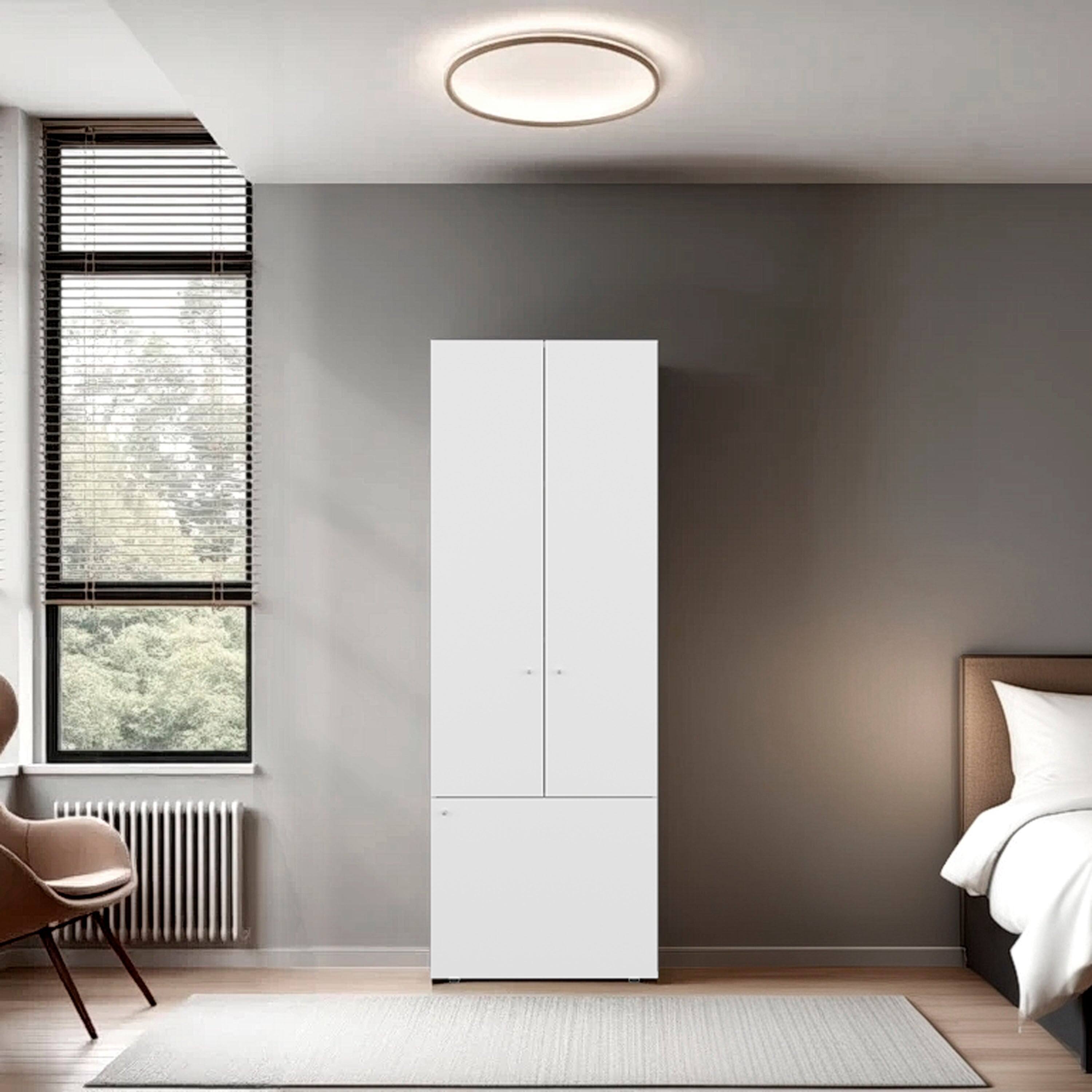 Front. TinyHomie - White 3 Door Tall Wardrobe 4 Shelves - White.