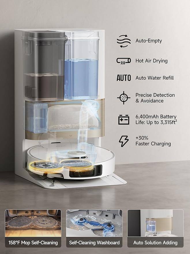 - Auto-Empty
- Hot Air Drying
- Auto Water Refill
- Precise Detection & Avoidance
- 6,400mAh Battery Life: Up to 3,315ft²
- +30% Faster Charging
- 158°F Mop Self-Cleaning
- Self-Cleaning Washboard
- Auto Solution Adding