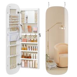 Songmics Home - Jewelry Organizer, LED Jewelry Cabinet Wall/Door Mounted, Lockable Rounded Wide Mirror with Storage, Interior Mirror - White Surface with Greige