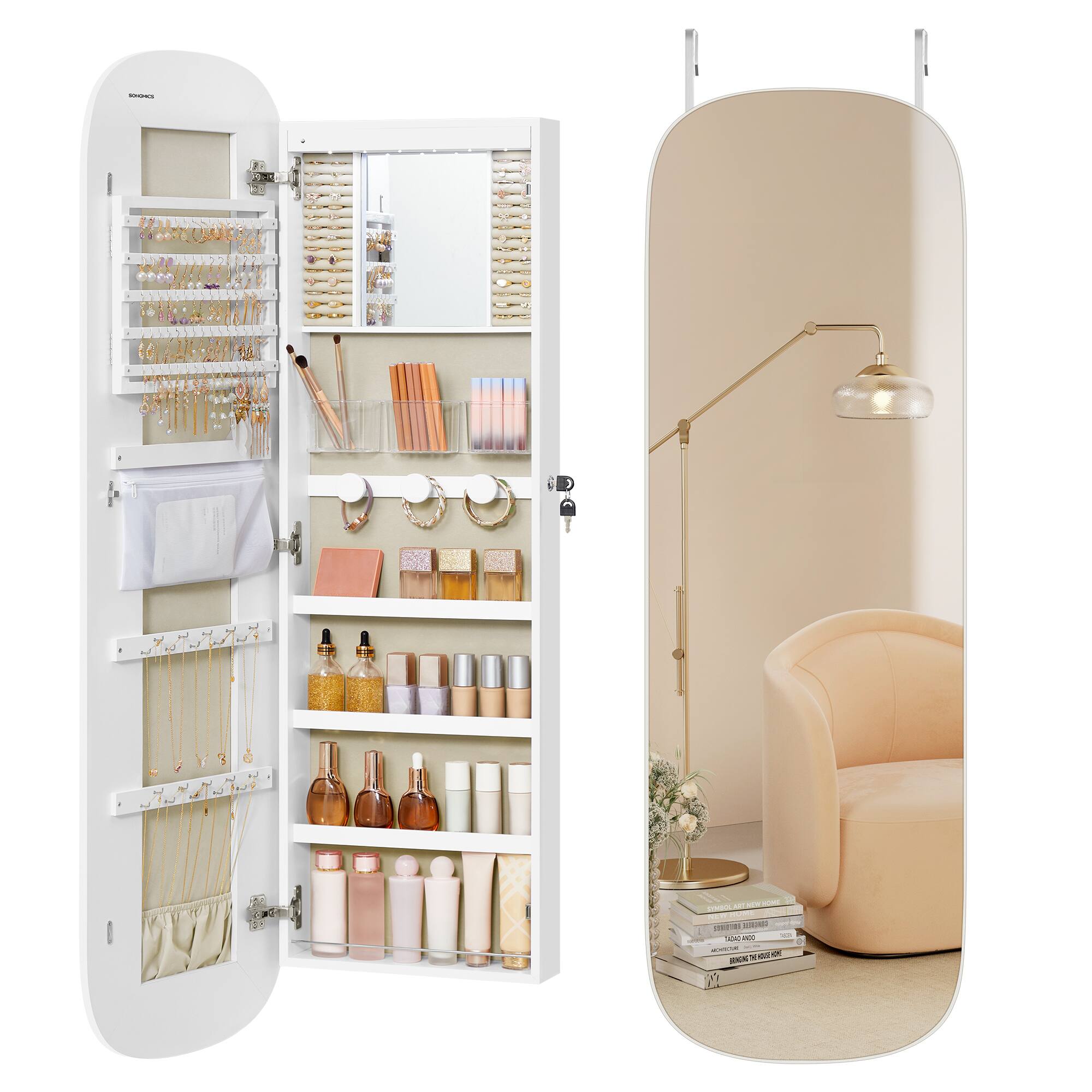 Songmics Home - Jewelry Organizer, LED Jewelry Cabinet Wall/Door Mounted, Lockable Rounded Wide Mirror with Storage, Interior Mirror - White Surface with Greige