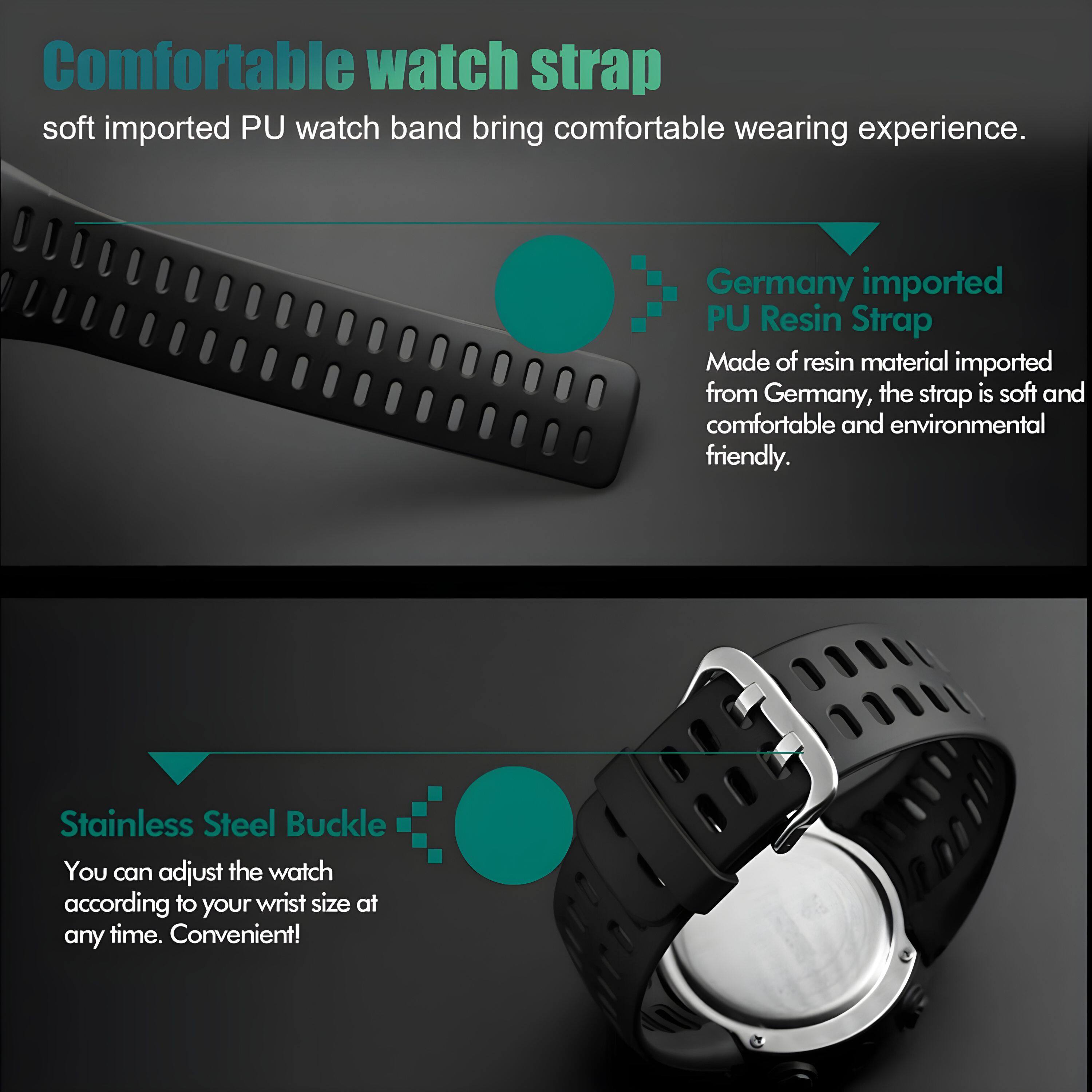 Comfortable watch strap  
soft imported PU watch band bring comfortable wearing experience.

Germany imported PU Resin Strap  
Made of resin material imported from Germany, the strap is soft and comfortable and environmental friendly.

Stainless Steel Buckle  
You can adjust the watch according to your wrist size at any time. Convenient!