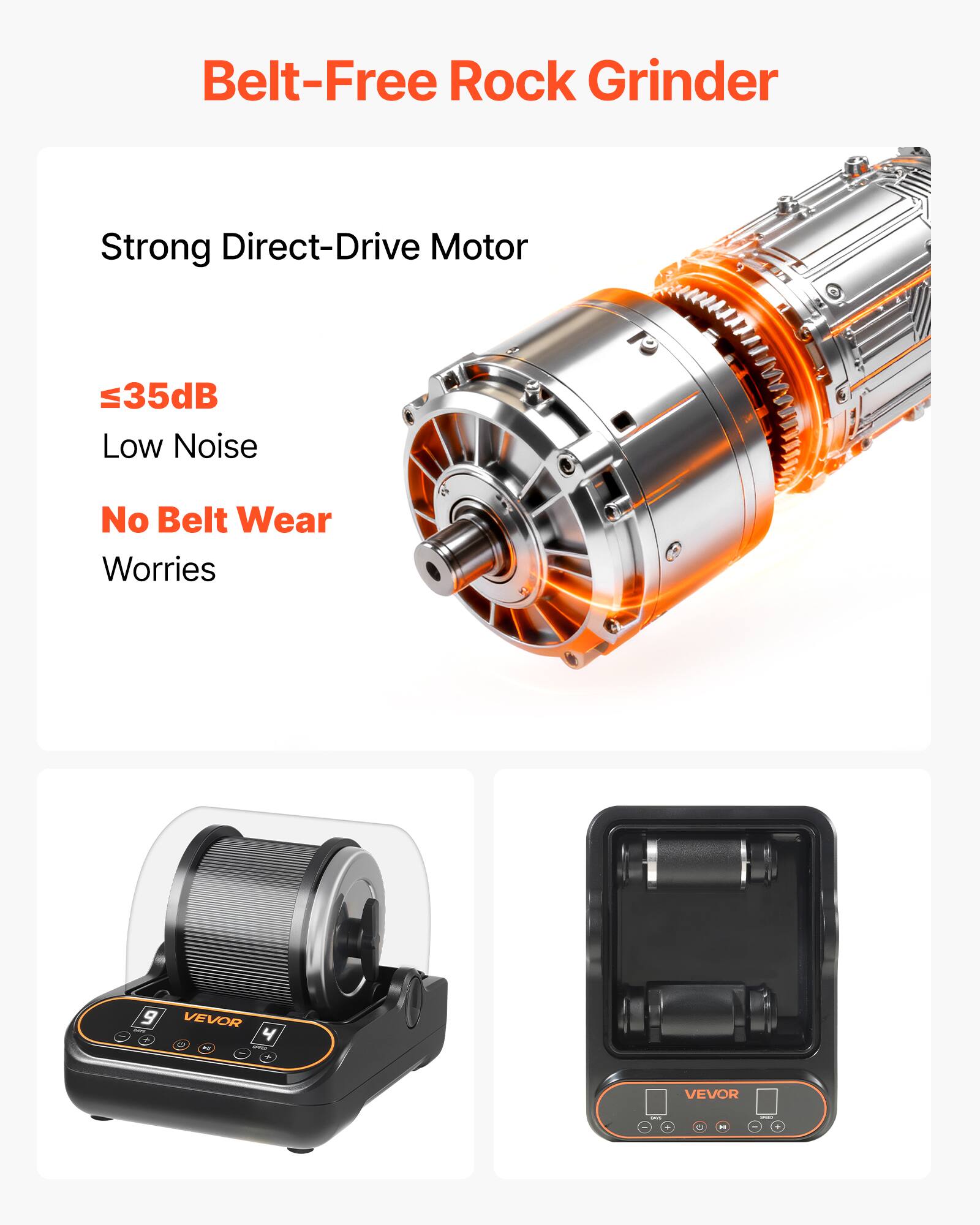 Belt-Free Rock Grinder

Strong Direct-Drive Motor

≤35dB Low Noise

No Belt Wear Worries

VEVOR