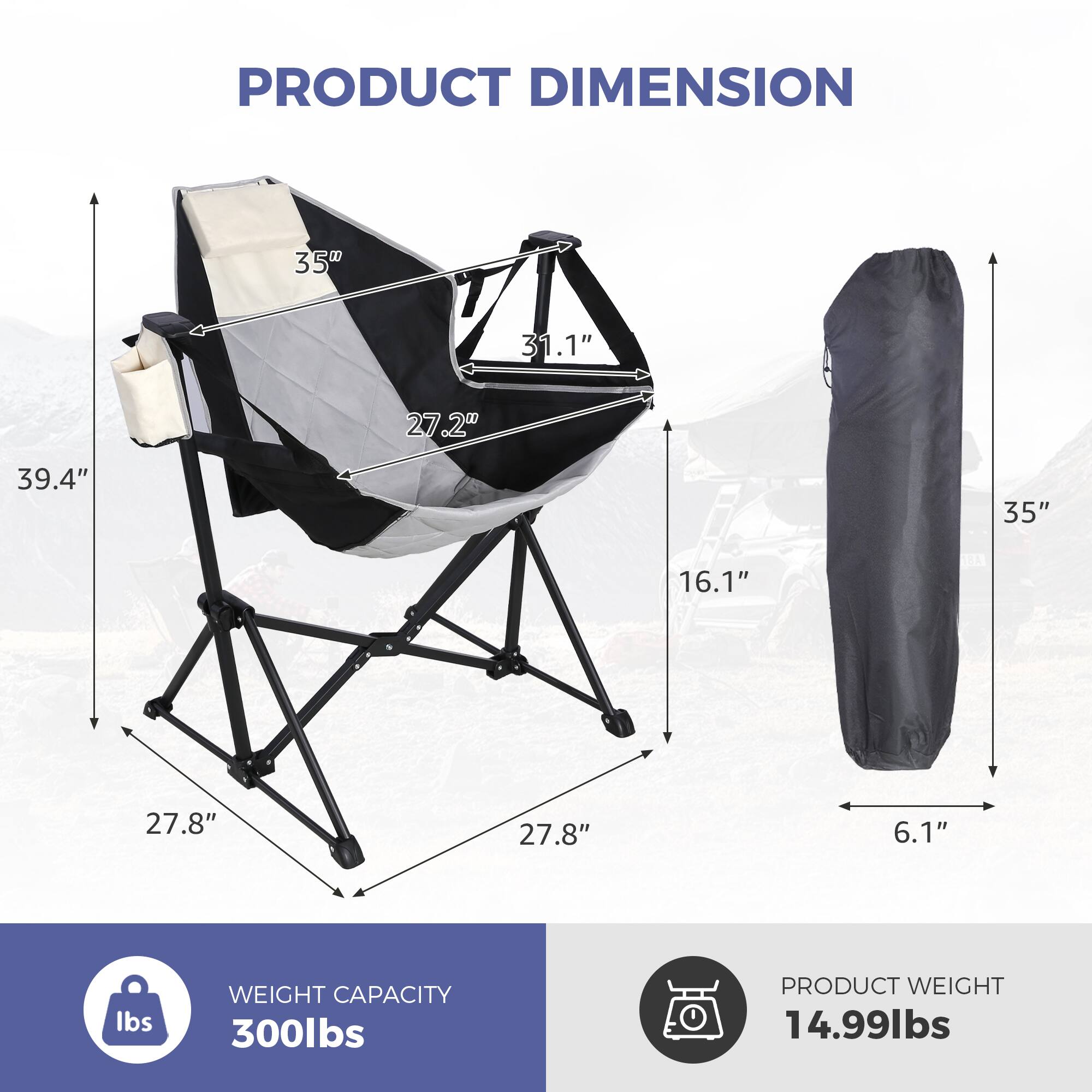 PRODUCT DIMENSION  
35W x 31.1" x 27.2" x 39.4" x 35" x 16.1" x 27.8" x 27.8" x 6.1"  

WEIGHT CAPACITY  
300lbs  

PRODUCT WEIGHT  
14.99lbs