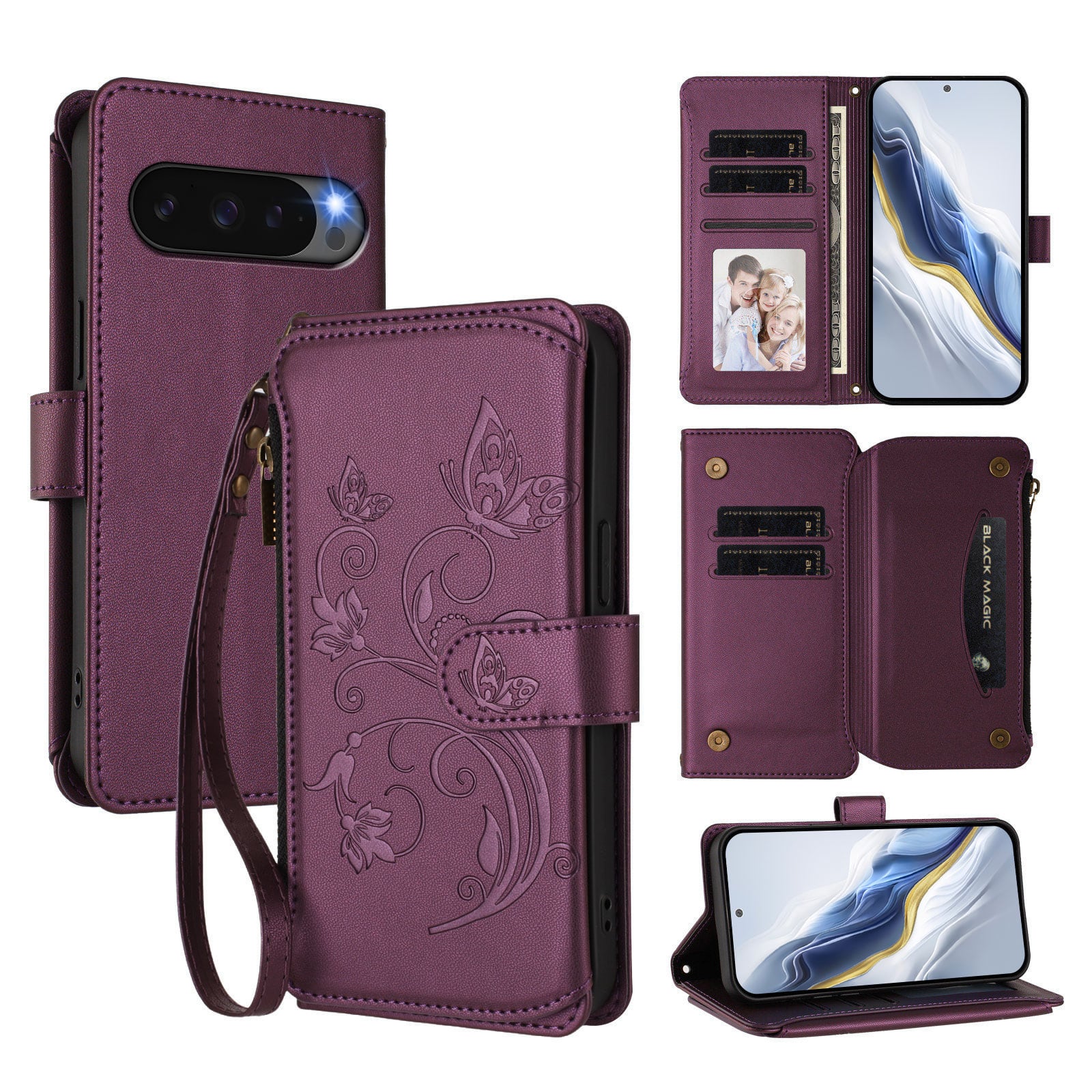 Dteck - Crossbody Wallet Case for Google Pixel 10 Pro XL,Embossed Butterfly Flower Folio Cover with Zipper Pocket+Strap - Darkpurple price history on PriceWatchPro