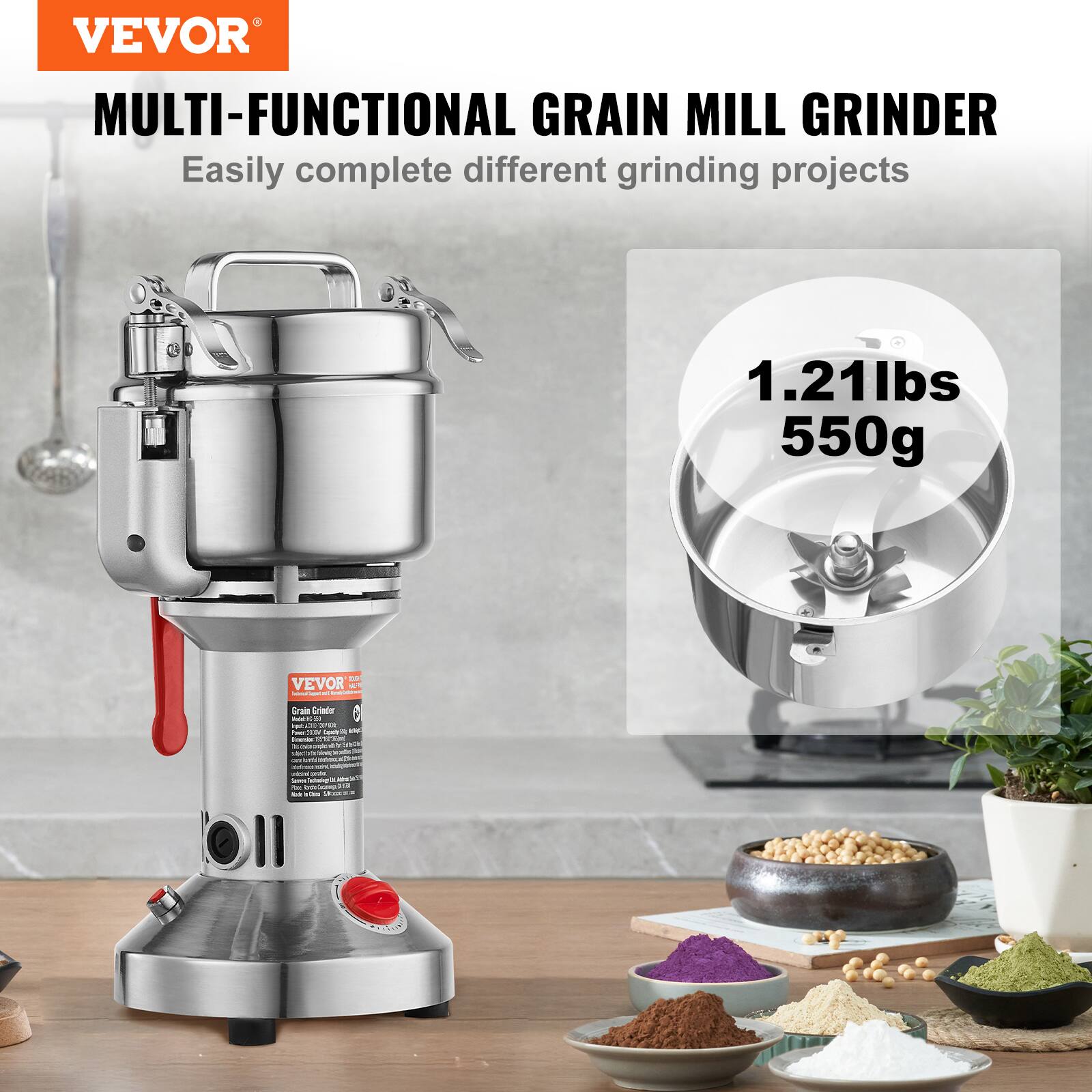 VEVOR MULTI-FUNCTIONAL GRAIN MILL GRINDER  
Easily complete different grinding projects  

1.21lbs  
550g