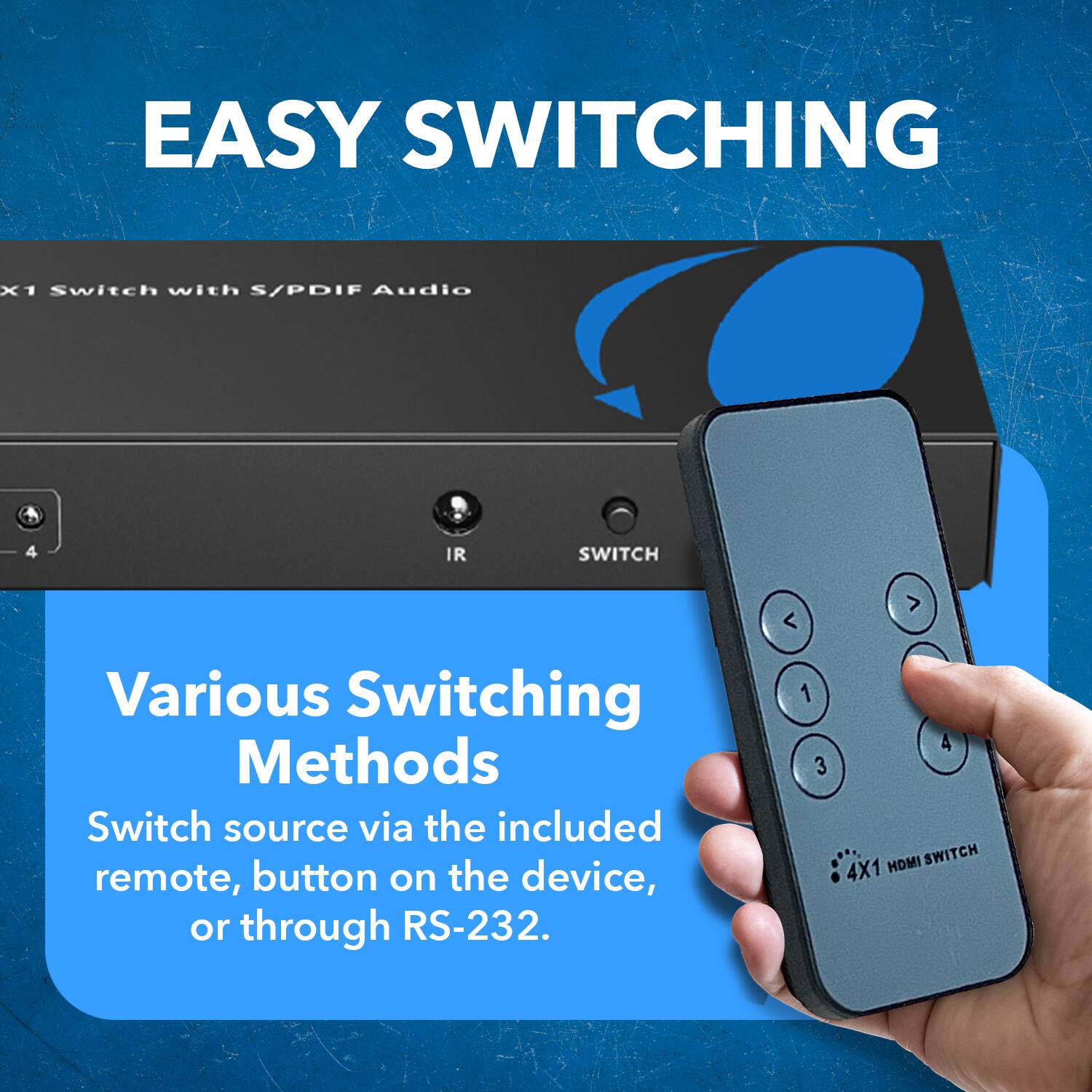 EASY SWITCHING X1 Switch with S/PDIF Audio 4 IR SWITCH Various Switching Methods Switch source via the included remote, button on the device, or through RS-232. > HDMI SWITCH 4X1
