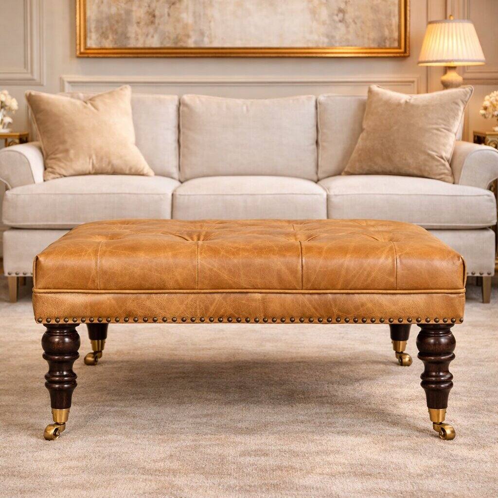 Angle. Artisan Furniture - Artisan Furniture Solid Wood Tan Leather Upholstered Ottoman, Orange and Dark Brown - Orange and Brown.