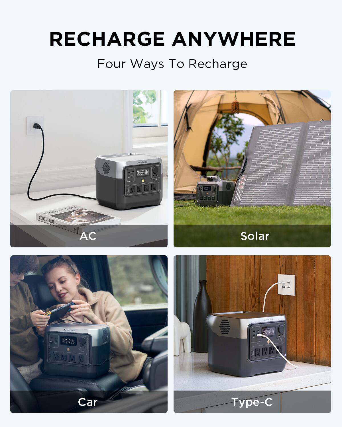 RECHARGE ANYWHERE Four Ways To Recharge:

1. AC
2. Solar
3. Tone
4. Car