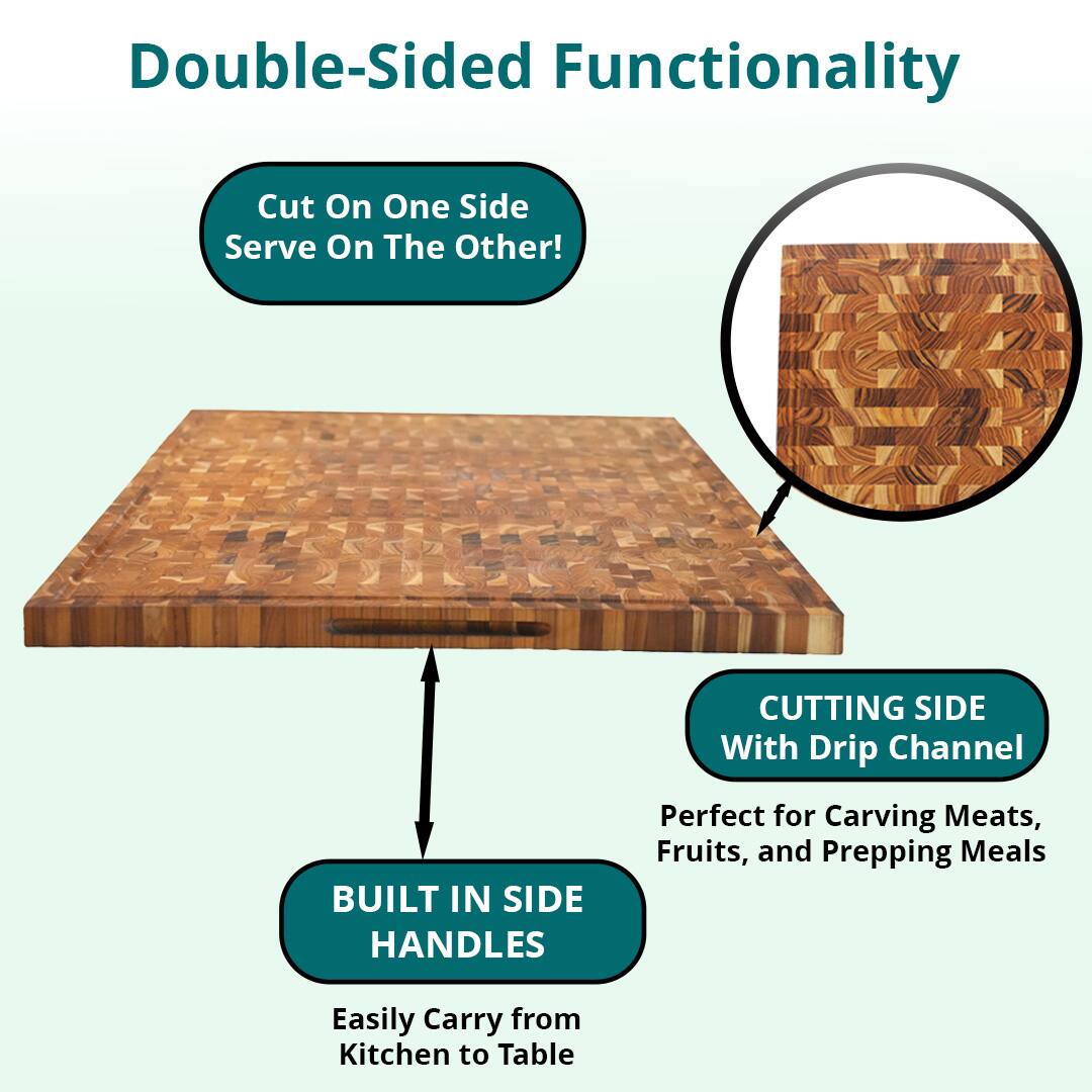 Double-Sided Functionality

Cut On One Side Serve On The Other!

CUTTING SIDE With Drip Channel

Perfect for Carving Meats, Fruits, and Prepping Meals

BUILT IN SIDE HANDLES

Easily Carry from Kitchen to Table