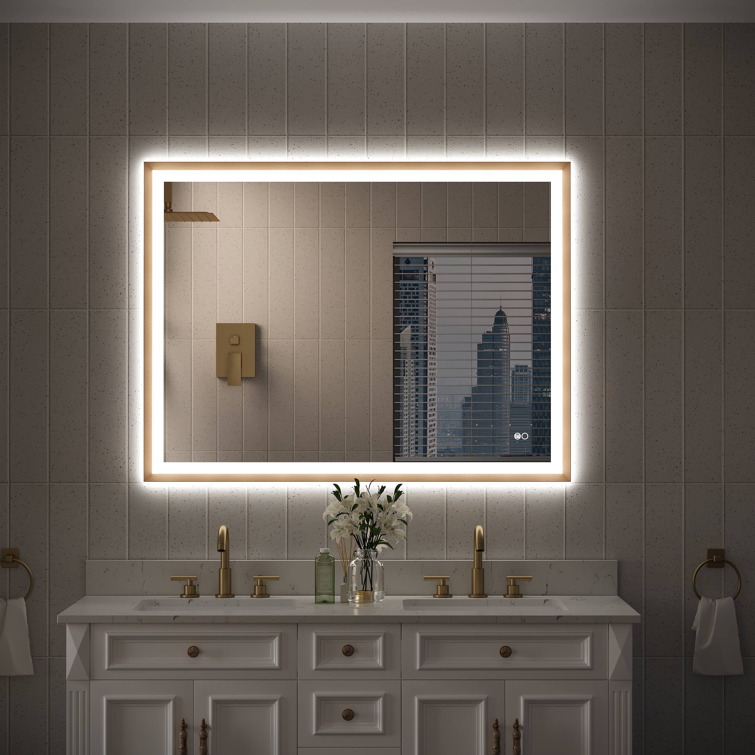 Angle. WELLFOR - 48 in. W x 36 in. H Rectangular Single Aluminum Framed Antifog Dimmable Wall Bathroom Vanity Mirror - Gold.