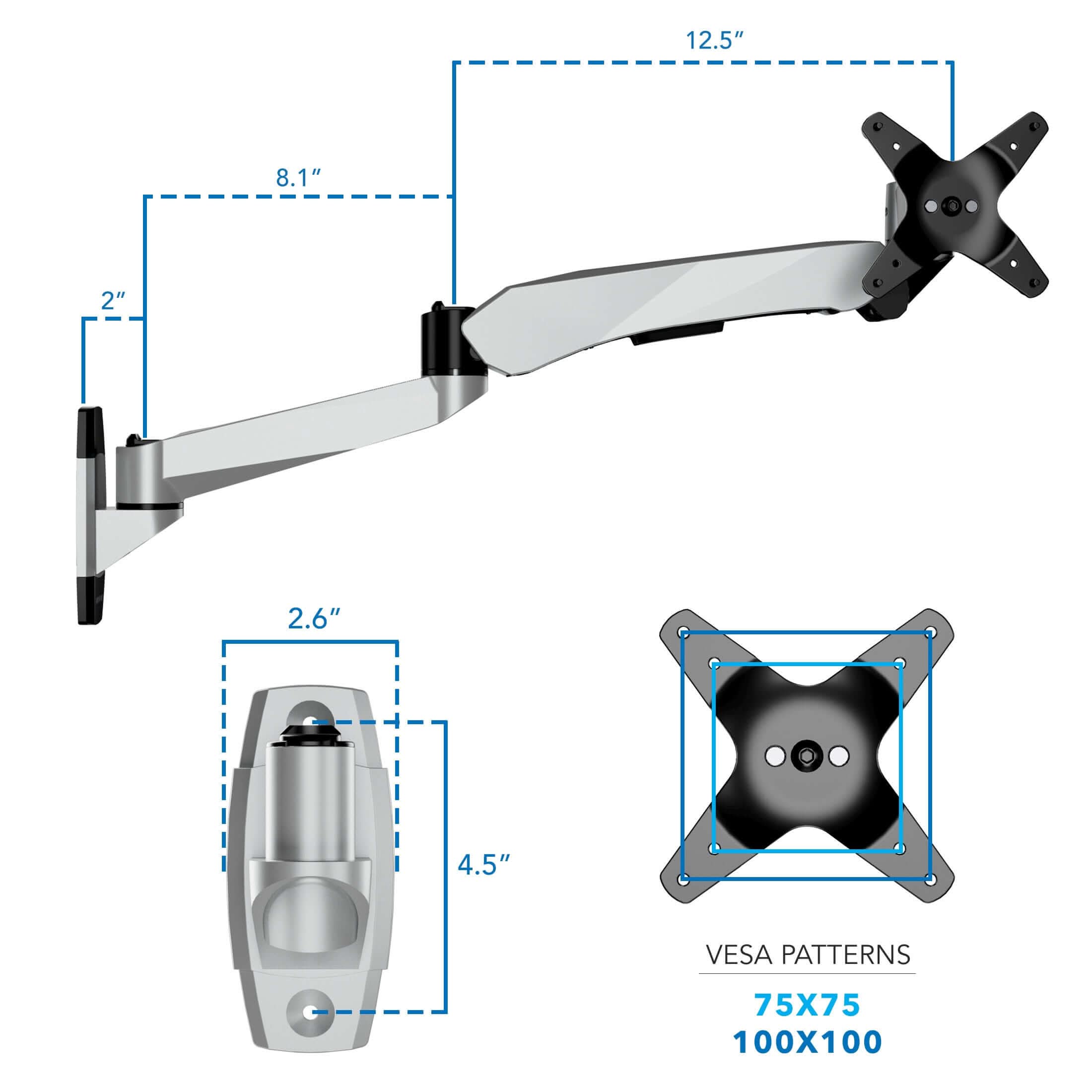 12.5"  
8.1"  
2"  
2.6"  
4.5"  
VESA PATTERNS  
75X75  
100X100