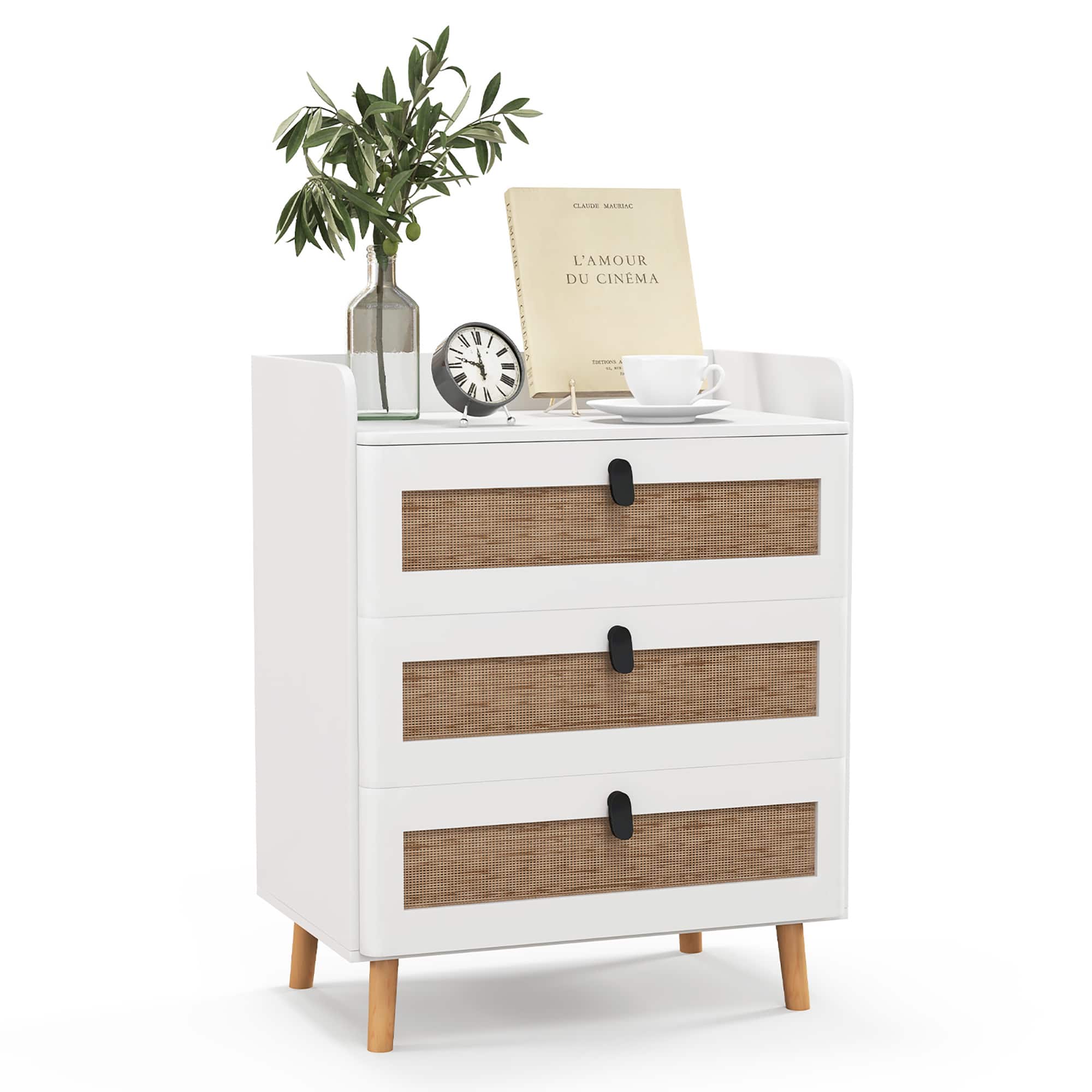 Gymax - Modern Nightstand End Bedside Table w/ 3 Rattan Drawers & Solid Wood Legs White - White, Natural