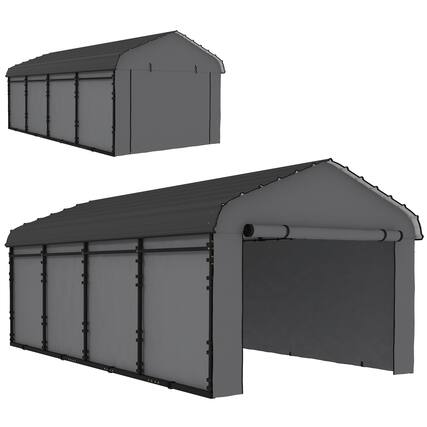 Front. Outsunny - x 20' Metal Carport, Heavy Duty Garage Car Canopy with Galvanized Metal Roof and Removable Sidewalls - Dark Gray.