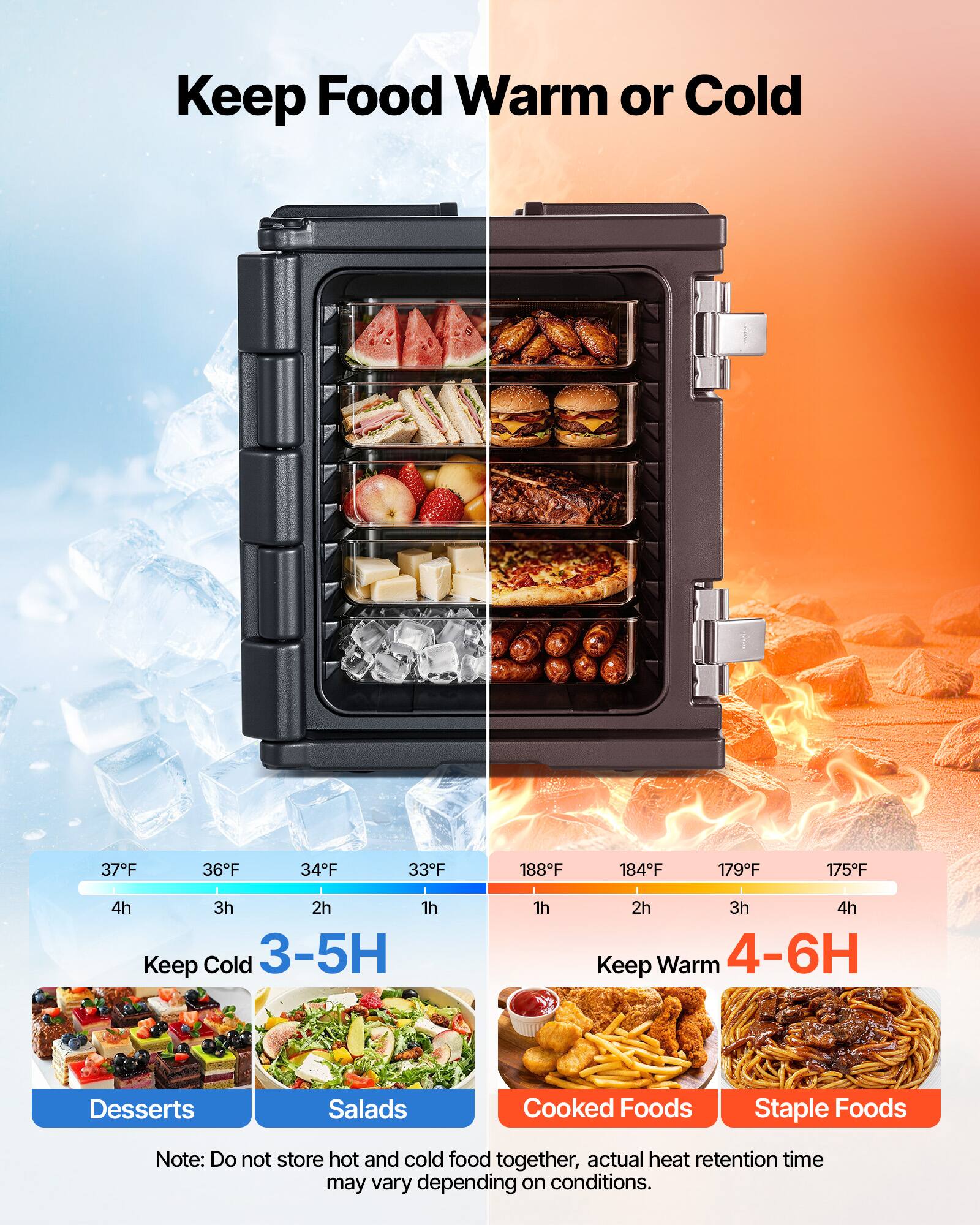 Keep Food Warm or Cold

37°F 36°F 34°F 33°F 188°F 184°F 179°F 175°F

4h 3h 2h 1h

Keep Cold 3-5H 1h 2h 3h 4h

Keep Warm 4-6H

Desserts Salads Cooked Foods Staple Foods

Note: Do not store hot and cold food together, actual heat retention time may vary depending on conditions.