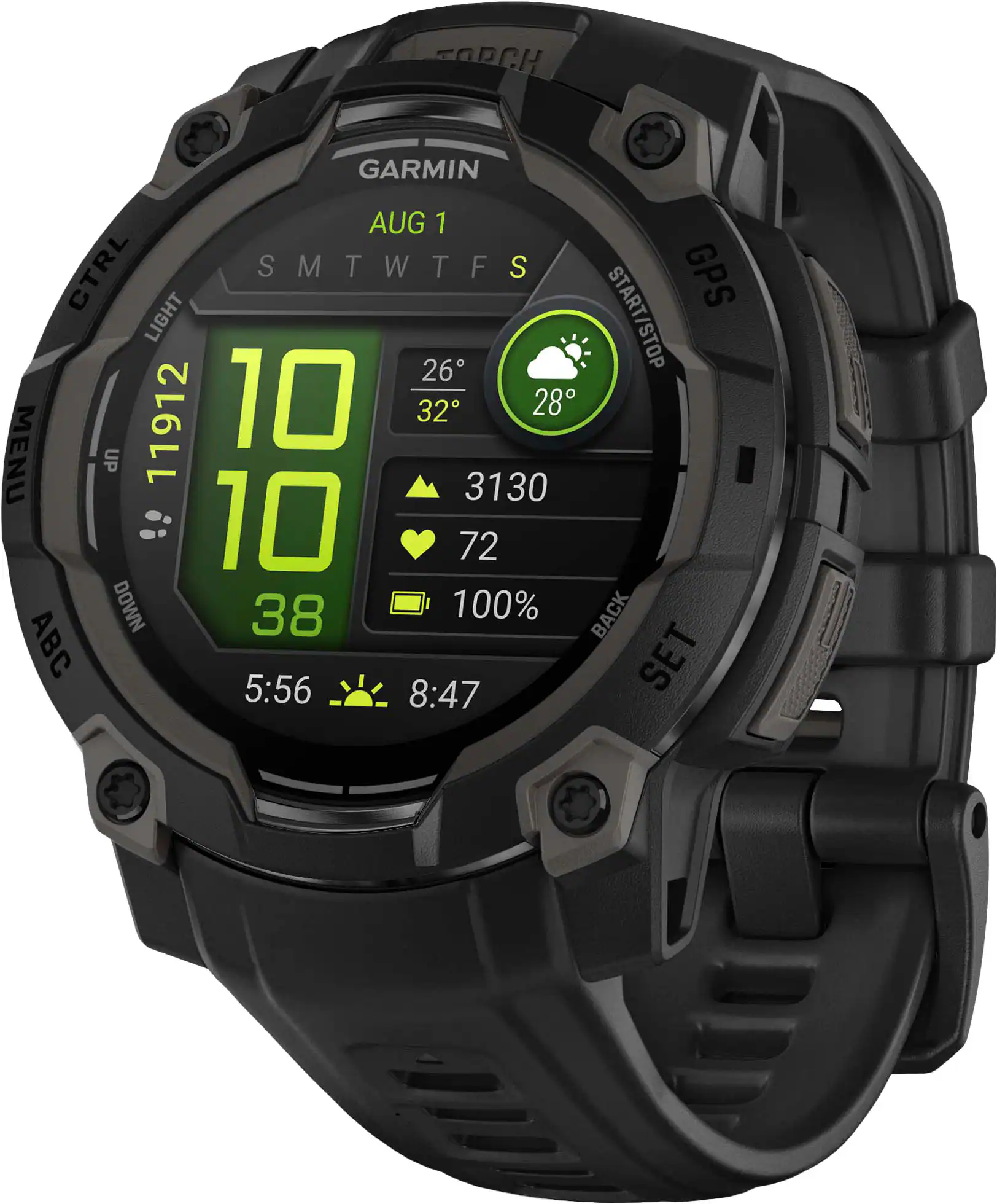 The text on the image reads: "GARMIN AUG 1 CTRL SMTWTFS GPS LIGHT 26 START/STOP STOP MENU 11912 10 32 28 UP 3130 10 72 DOWN 38 100% BACK ABC SET 5:56 8:47."