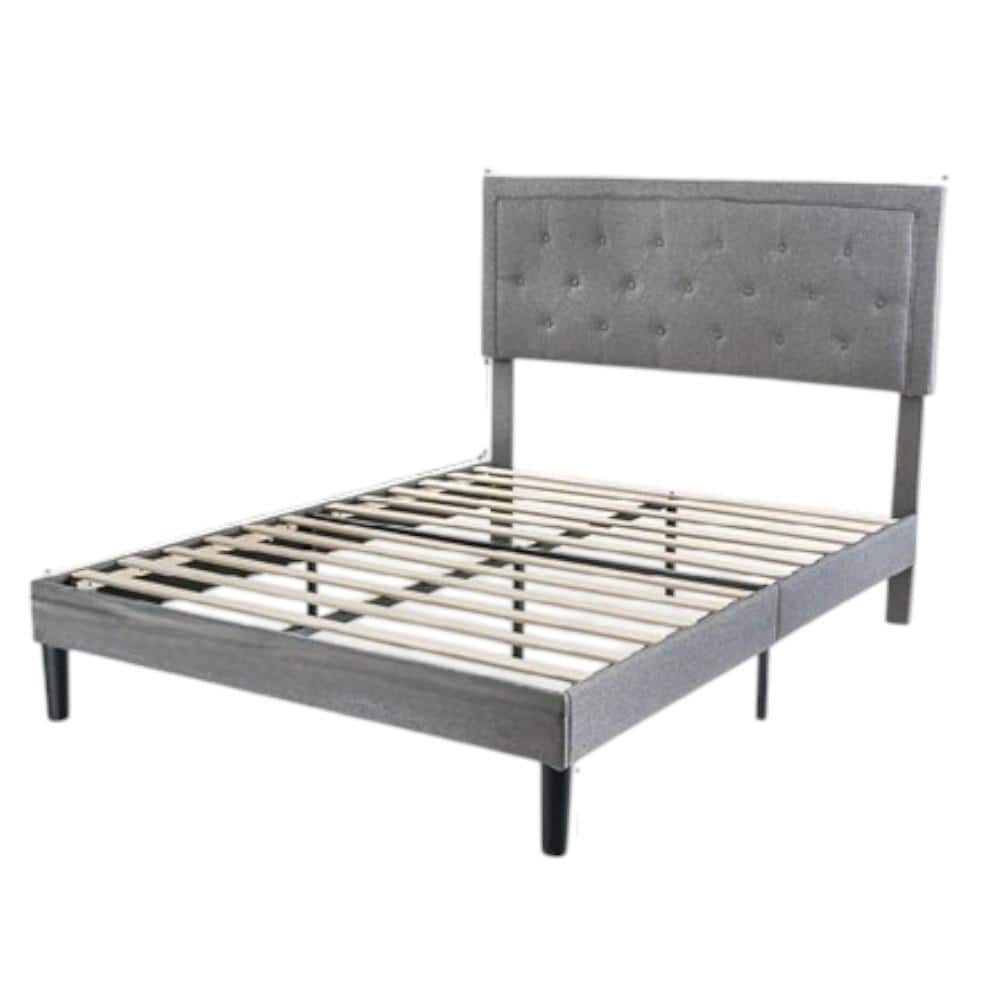 Hivvago - Queen Grey Linen Upholstered Platform Bed Frame with Button-Tufted Headboard - Gray