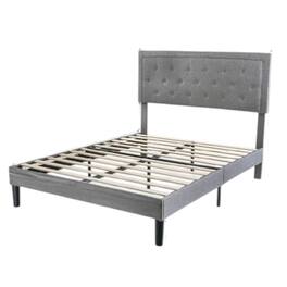 Hivvago - Queen Grey Linen Upholstered Platform Bed Frame with Button-Tufted Headboard - Gray