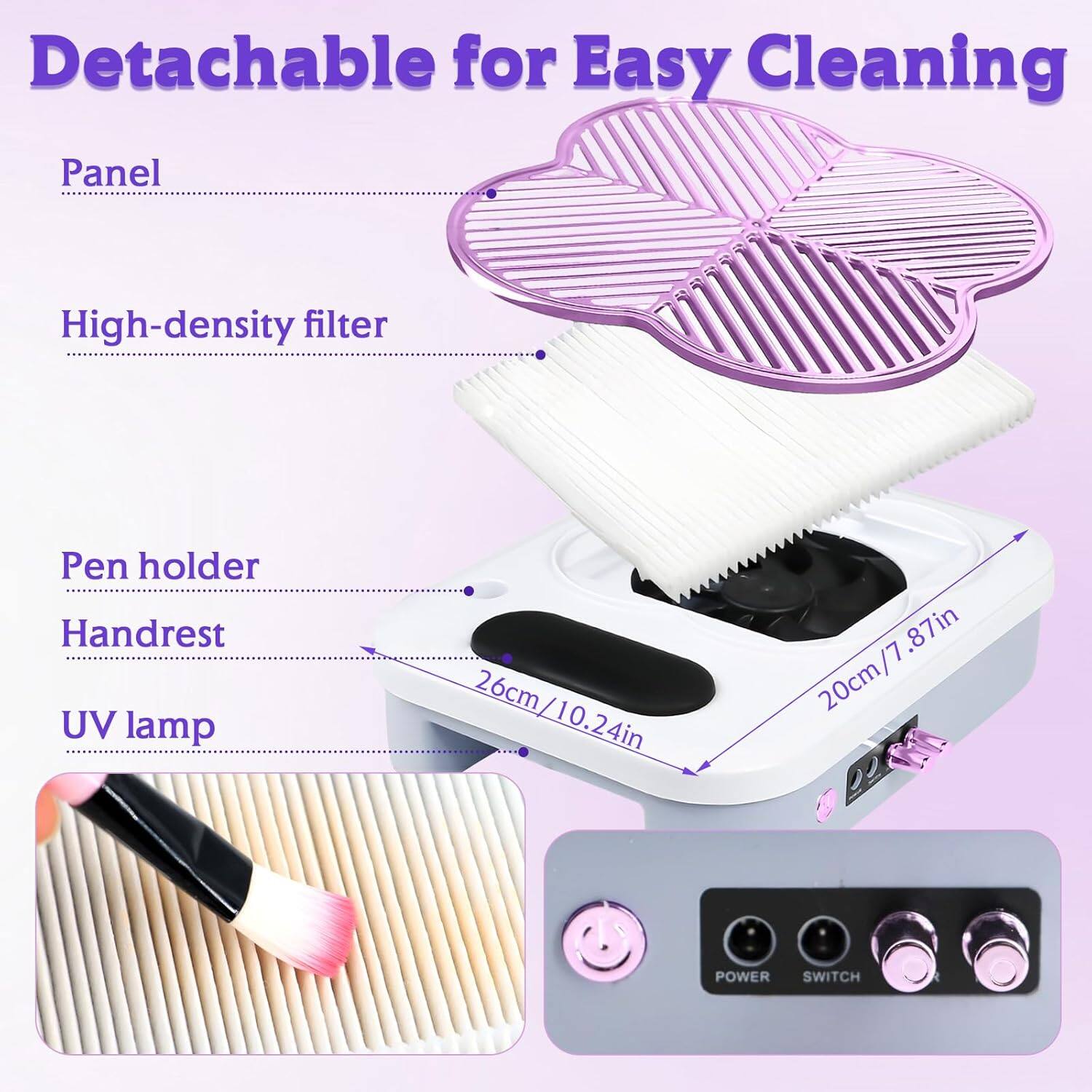 Detachable for Easy Cleaning  
Panel  
High-density filter  
Pen holder  
Handrest  
UV lamp  
26cm / 10.24in  
20cm / 7.87in  
POWER SWITCH