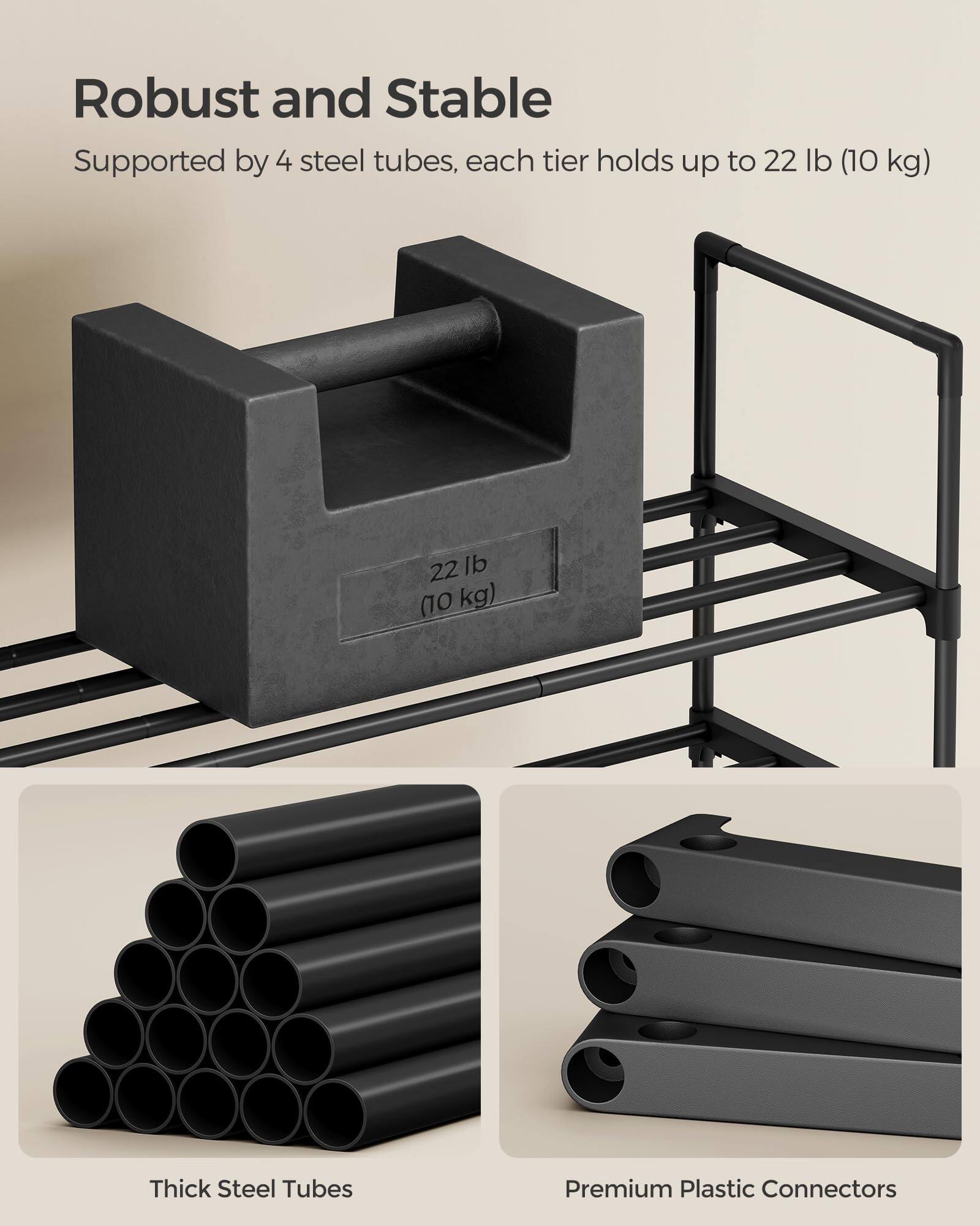 Robust and Stable

Supported by 4 steel tubes, each tier holds up to 22 lb (10 kg)

Thick Steel Tubes

Premium Plastic Connectors