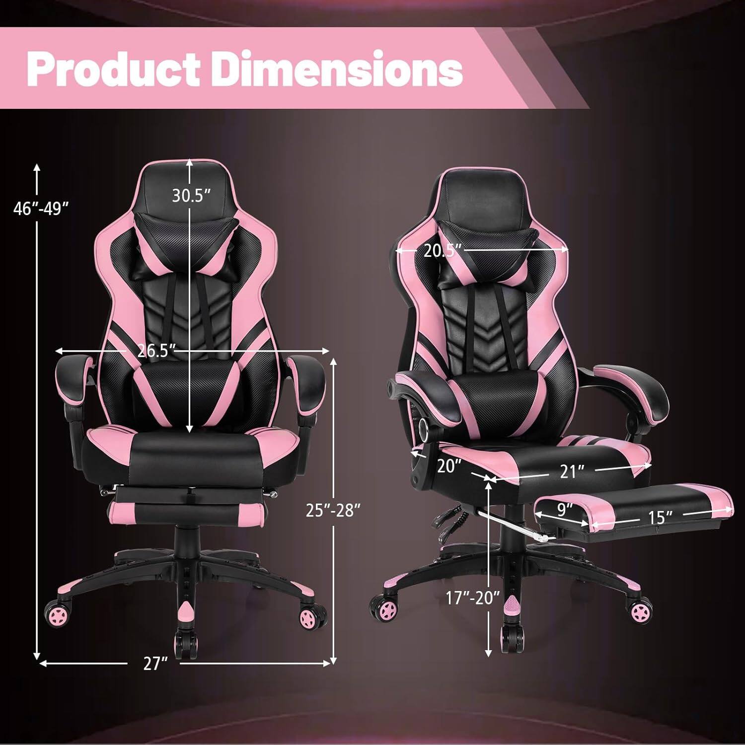Product Dimensions:  
- Height: 46"-49"  
- Width: 30.5"  
- Depth: 20.5"  
- Seat Height: 26.5"  
- Seat Width: 20"  
- Armrest Height: 21"  
- Backrest Height: 25"-28"  
- Seat Depth: 9"  
- Armrest Width: 15"  
- Base Width: 17"-20"  
- Overall Width: 27"