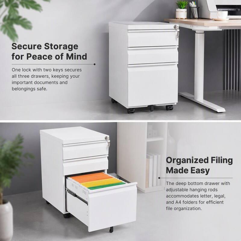 Secure Storage for Peace of Mind  
One lock with two keys secures all three drawers, keeping your important documents and belongings safe.  

Organized Filing Made Easy  
The deep bottom drawer with adjustable hanging rods accommodates letter, legal, and A4 folders for efficient file organization.