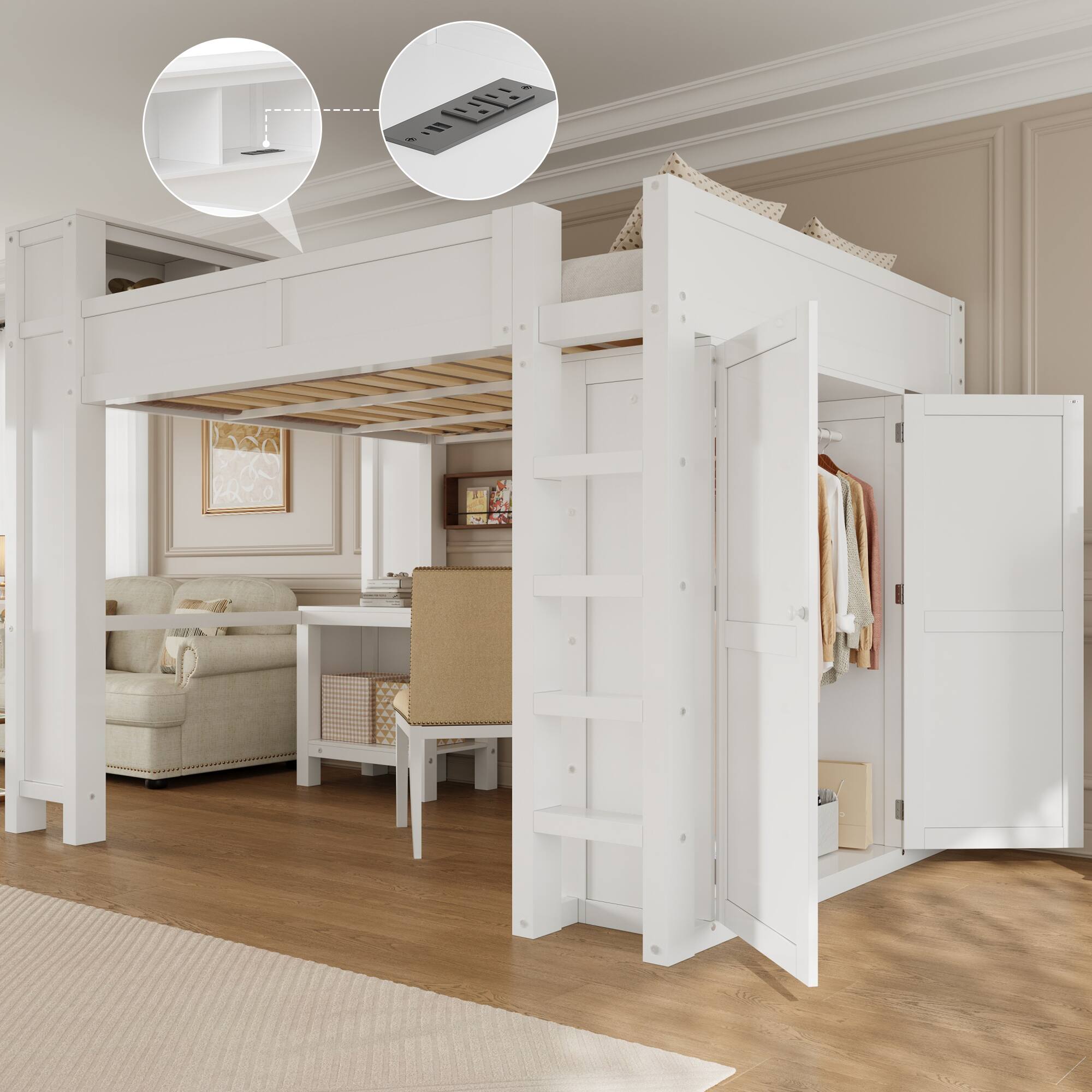 Alt View 2. Whisen - Queen Loft Bed with Wardrobe, Desk, and Headboard Storage, Wooden Bed Frame with USB Port and Shelving - White.