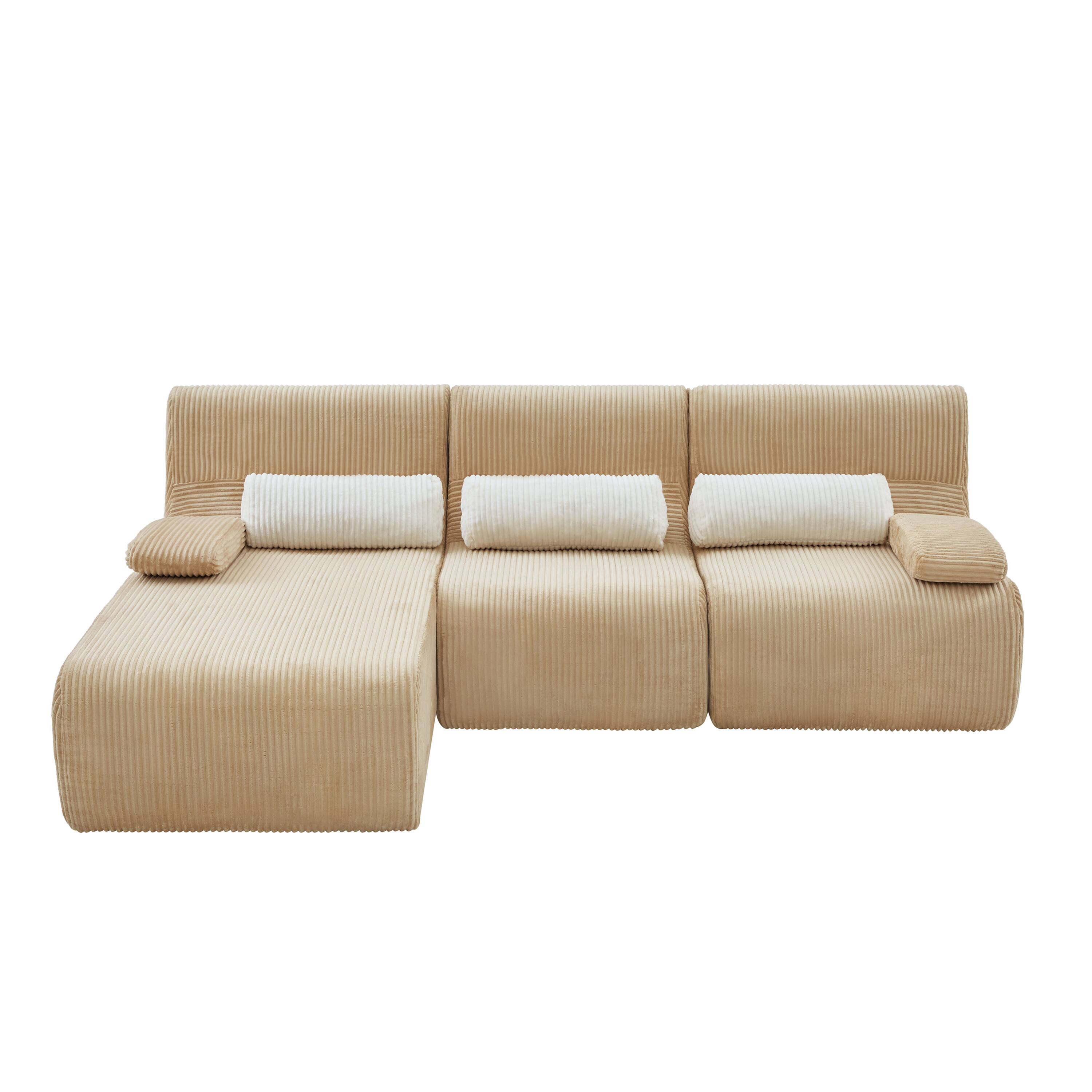 Back. Whisen - Modular L-Shaped Sectional Compressed Sofa with Soft Corduroy Upholstery, No Assembly Required - Coffee.