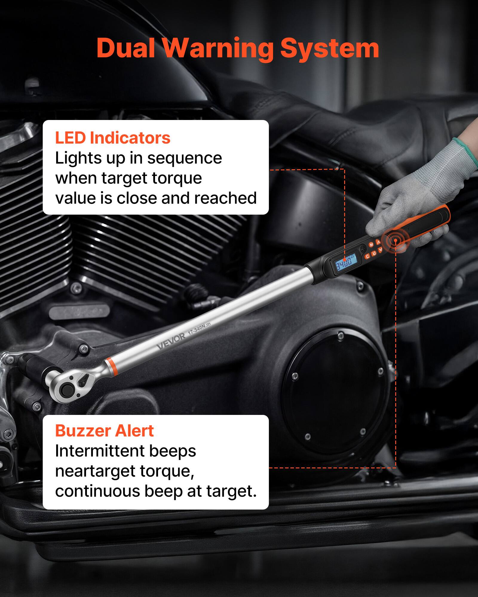 Dual Warning System

LED Indicators
Lights up in sequence when target torque value is close and reached

Buzzer Alert
Intermittent beeps near target torque, continuous beep at target.