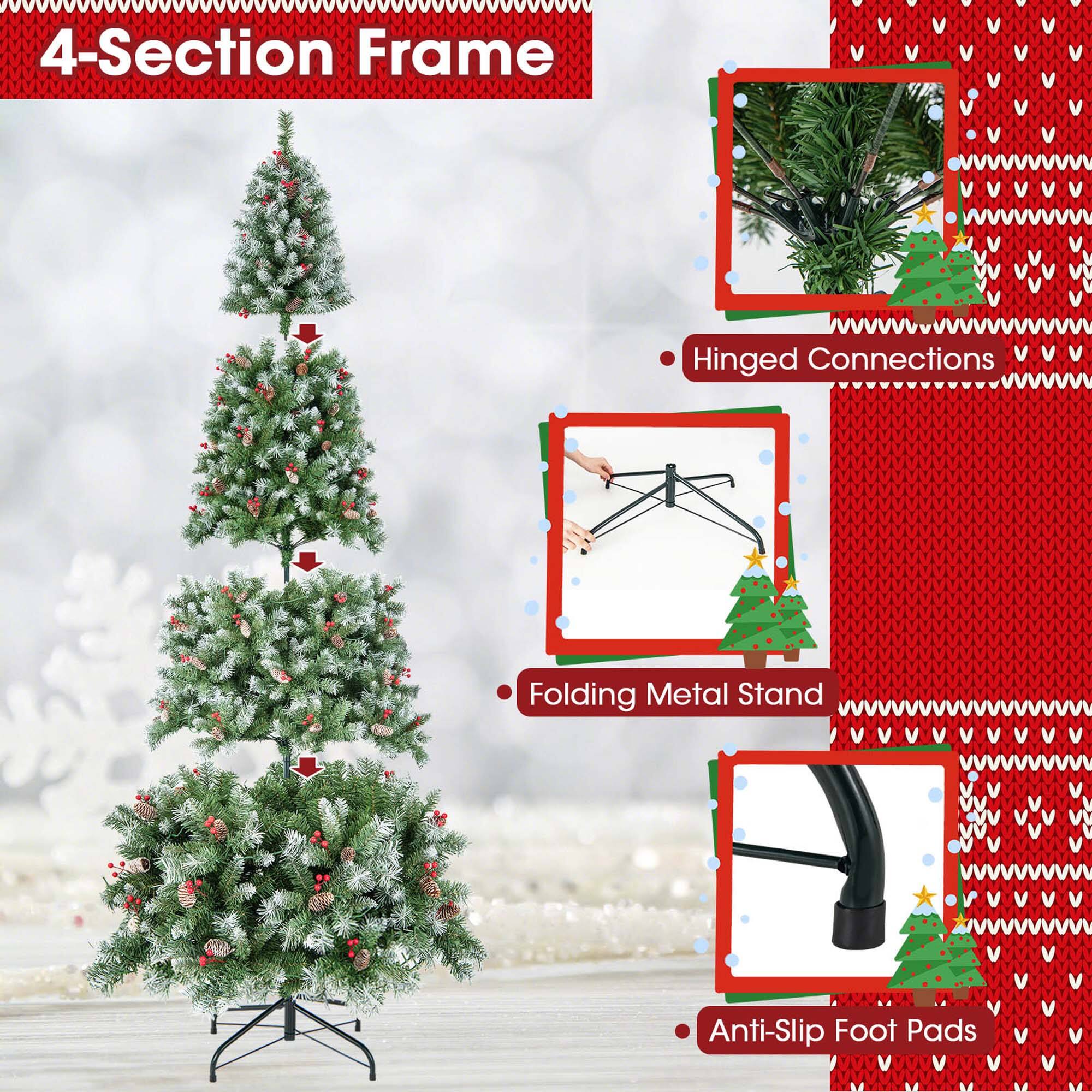 The image features a Christmas tree with a 4-section frame, hinged connections, and anti-slip foot pads. The tree is displayed on a folding metal stand, which is designed to provide stability and support. The tree is decorated with ornaments, and the stand is placed on a snowy surface, adding to the festive atmosphere.