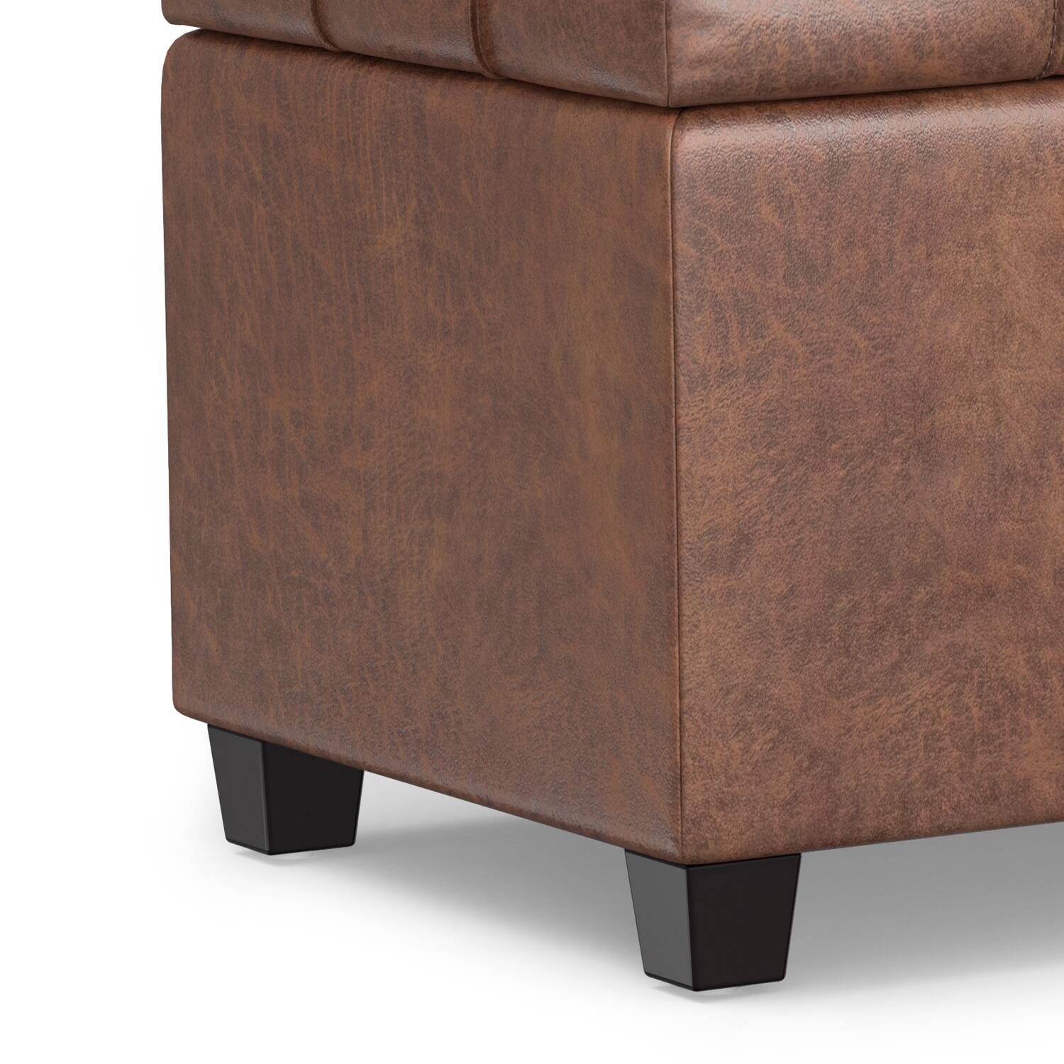 Alt View 7. Simpli Home - Sienna 33 inch Wide Storage Ottoman Bench in Distressed Saddle Brown Vegan Leather - Distressed Saddle Brown.