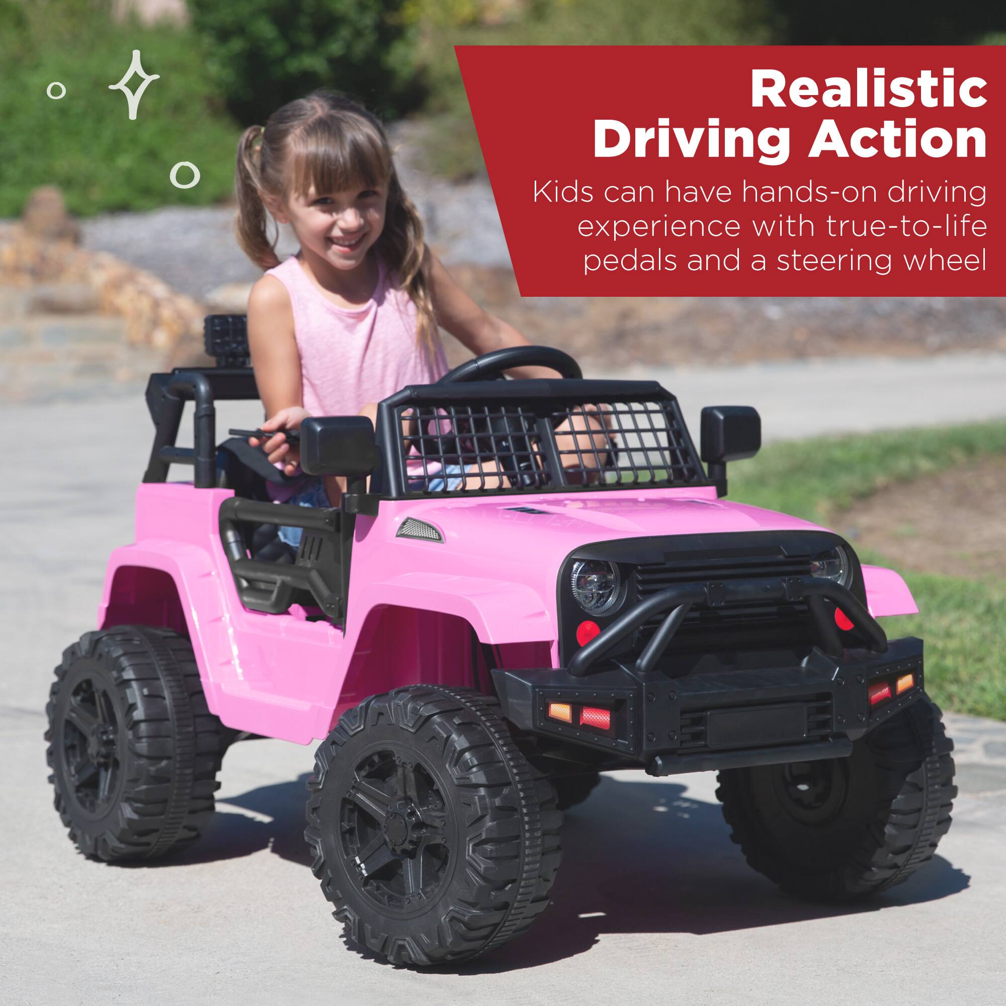 Realistic Driving Action: Kids can have hands-on driving experience with true-to-life pedals and a steering wheel.